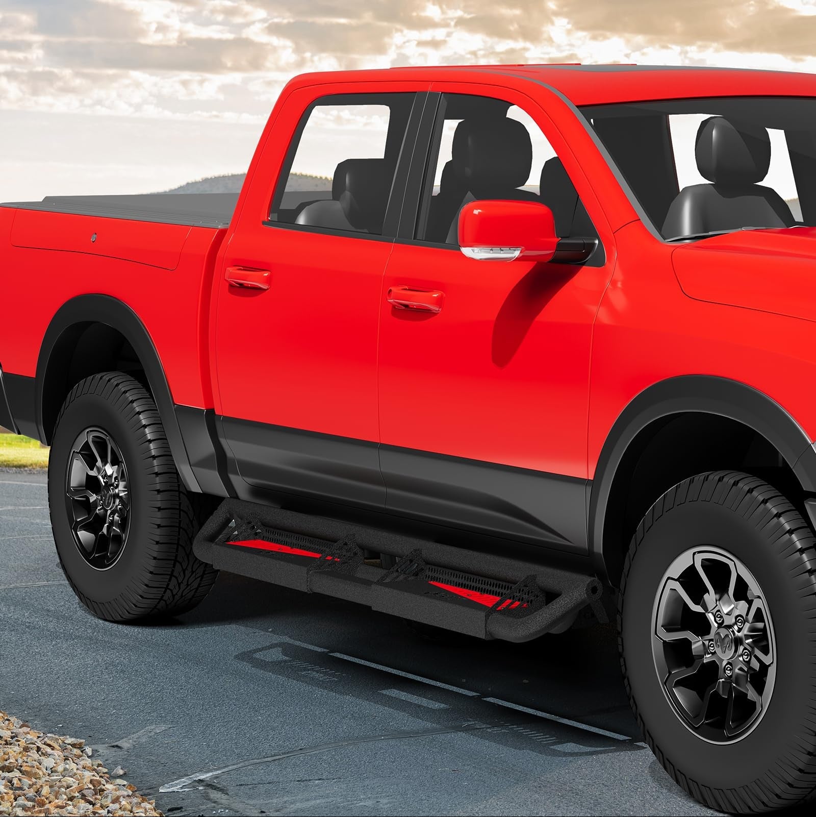 Garvee Running Boards Compatible with Dodge Ram 1500 Crew Cab 2019-2025 (New Body Only), Bolt-on Side Steps Nerf Bar for Ram 1500 2019 2020 2021 2022 2023 2024 2025，Red+Black