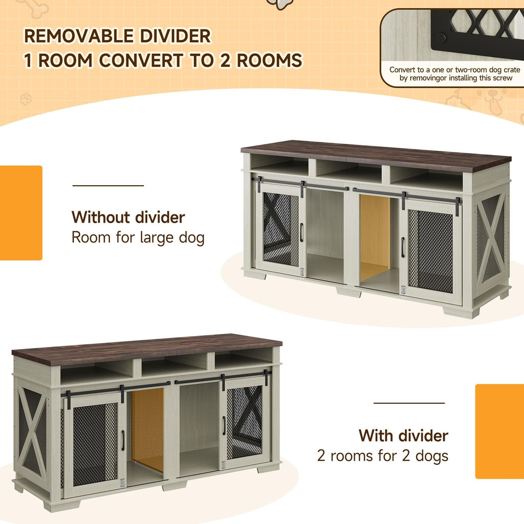 Garvee Dog Crate Furniture for 2 Dogs, 71" Heavy Duty Dog Kennel with 3 Storages and Removable Divider, Furniture Style Indoor Dog Crate Table TV Stand for Large Medium Dogs, White