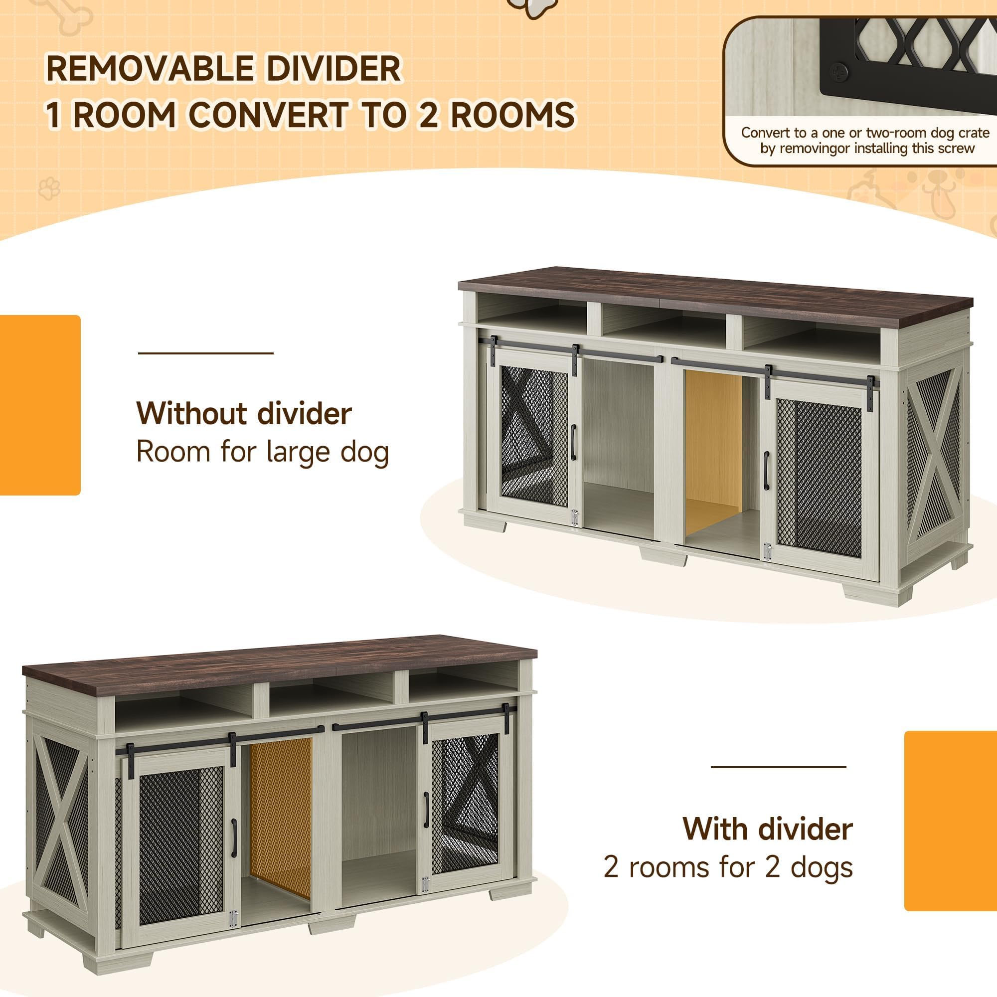 Garvee Dog Crate Furniture for 2 Dogs, 71" Heavy Duty Dog Kennel with 3 Storages and Removable Divider, Furniture Style Indoor Dog Crate Table TV Stand for Large Medium Dogs, White