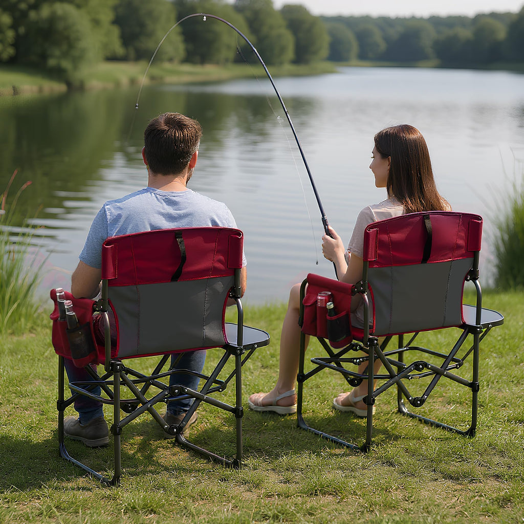 Garvee Oversized Directors Camping Chair with Side Table, Heavy Duty Portable Folding Chair for Adults, Supports 400 lbs, Red, 2 PCS