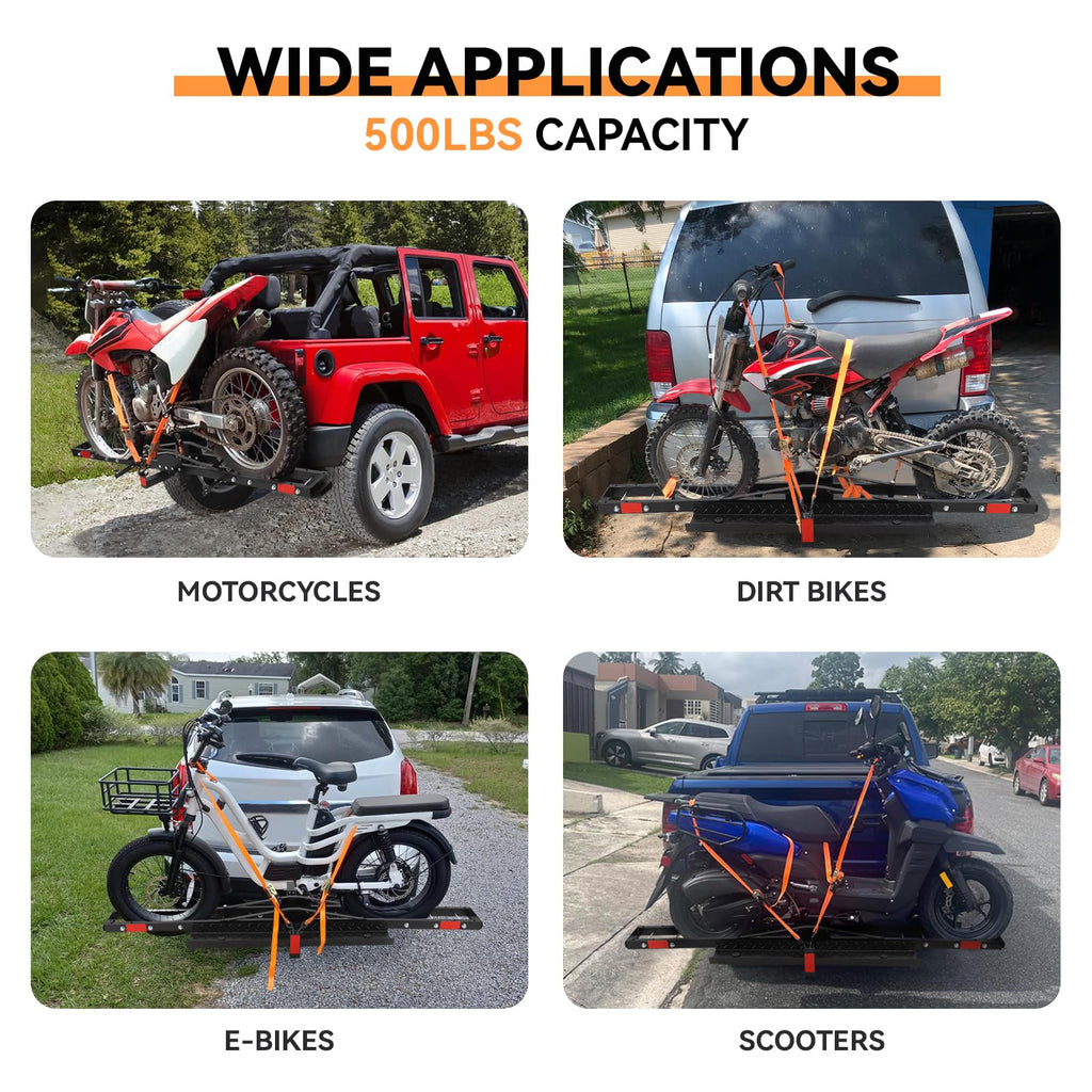 Garvee Motorcycle Hitch Carrier with Ramp - 500 lbs Capacity Heavy-Duty Steel Dirt Bike Hauler, Motorcycle Rack for Bicycle and Dirt Bike, Fits Tires up to 5.5" Wide, 2" Hitch Receiver