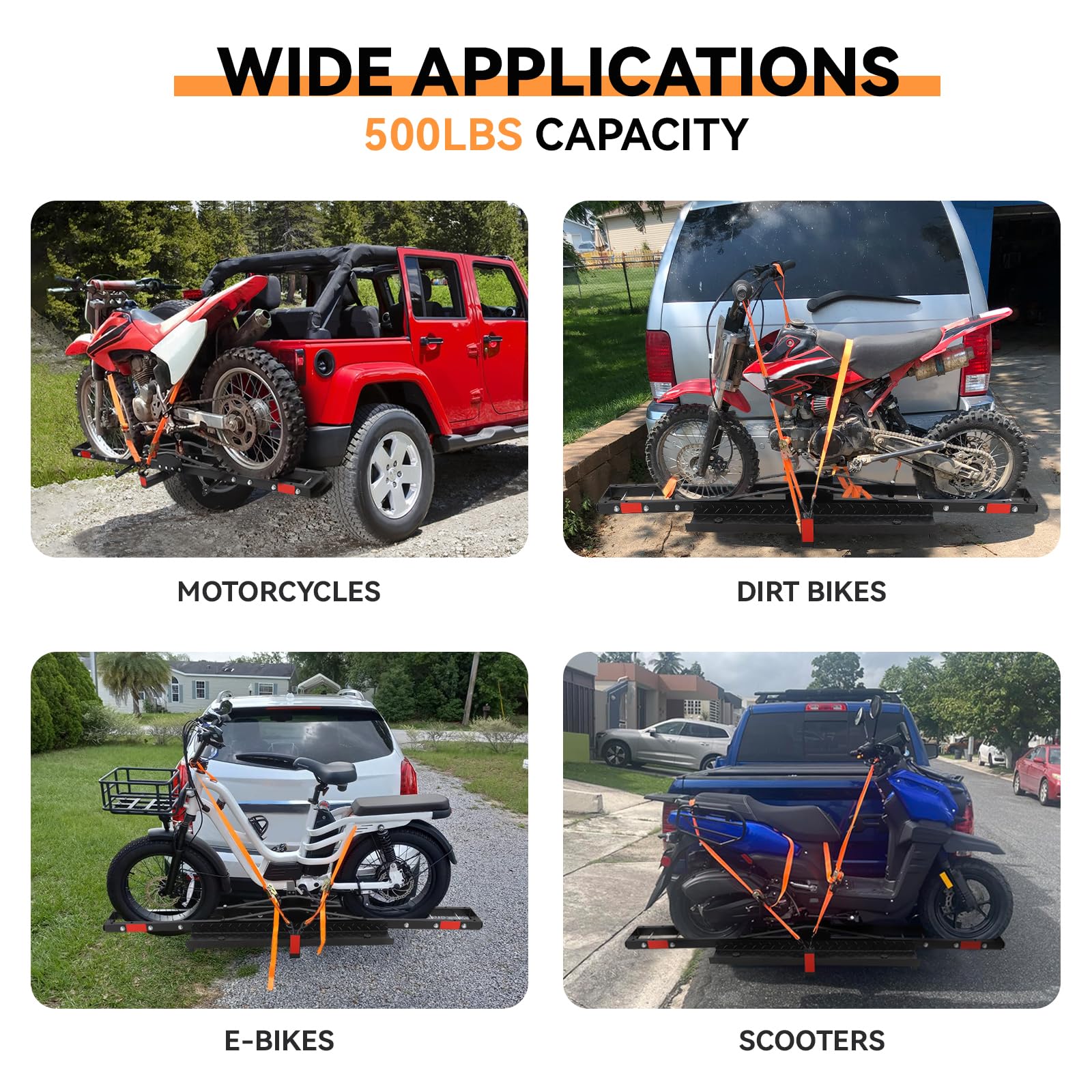 Garvee Motorcycle Hitch Carrier with Ramp - 500 lbs Capacity Heavy-Duty Steel Dirt Bike Hauler, Motorcycle Rack for Bicycle and Dirt Bike, Fits Tires up to 5.5" Wide, 2" Hitch Receiver