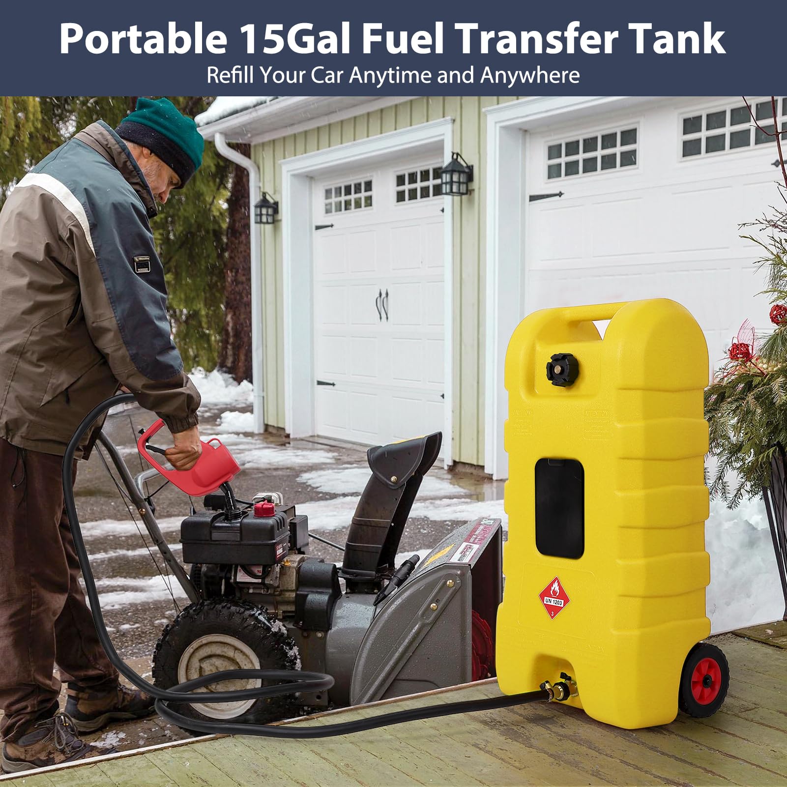 Garvee Fuel Caddy, 15 Gallon Portable Gasoline Tank Container With Le Fluid Delivery Siphon Pump and 10ft Delivery Hose, Diesel Storage Tank On Wheels for Cars, Lawnmowers, Atvs, and Boats, Yellow