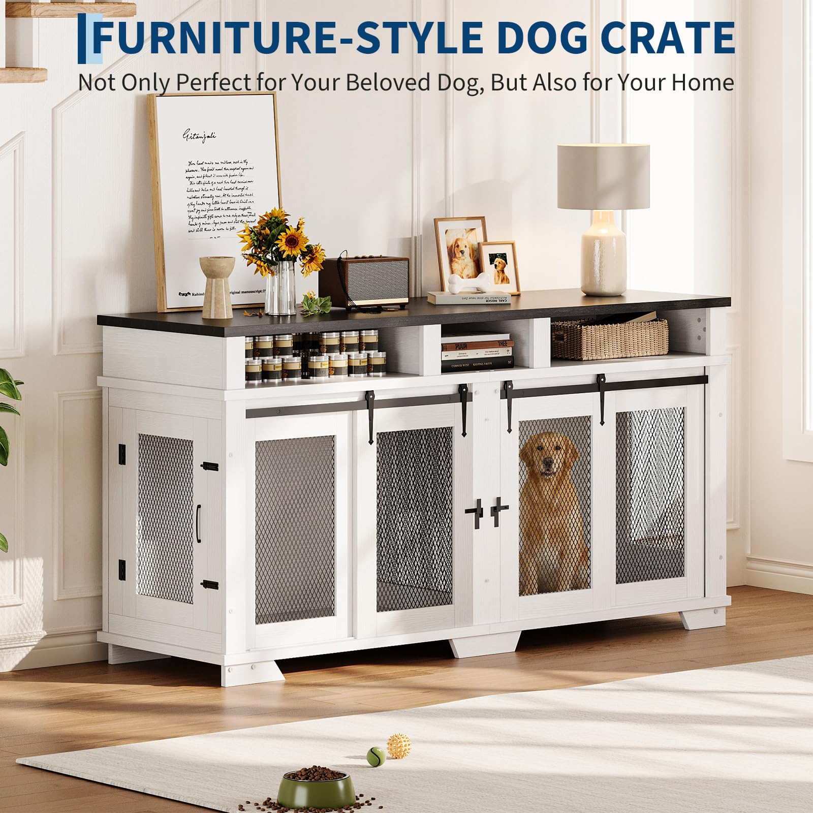 Garvee 71'' Dog Crate Furniture for 2 Dogs, Extra Large Double Dog Kennel with Removable Divider and Storage Drawers, Wooden TV Stand for Large Medium Dogs in White, Natural Wood, Brown