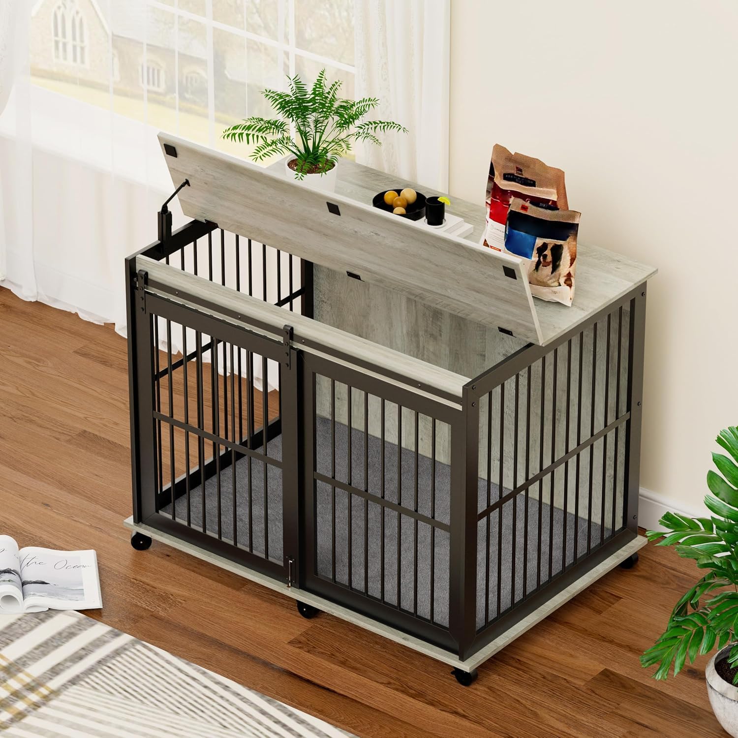 Garvee Furniture Style Dog Crates with Sliding Iron Door, Modern Decorative Pet House, Indoor Puppy Kennel for Medium Dogs, Grey