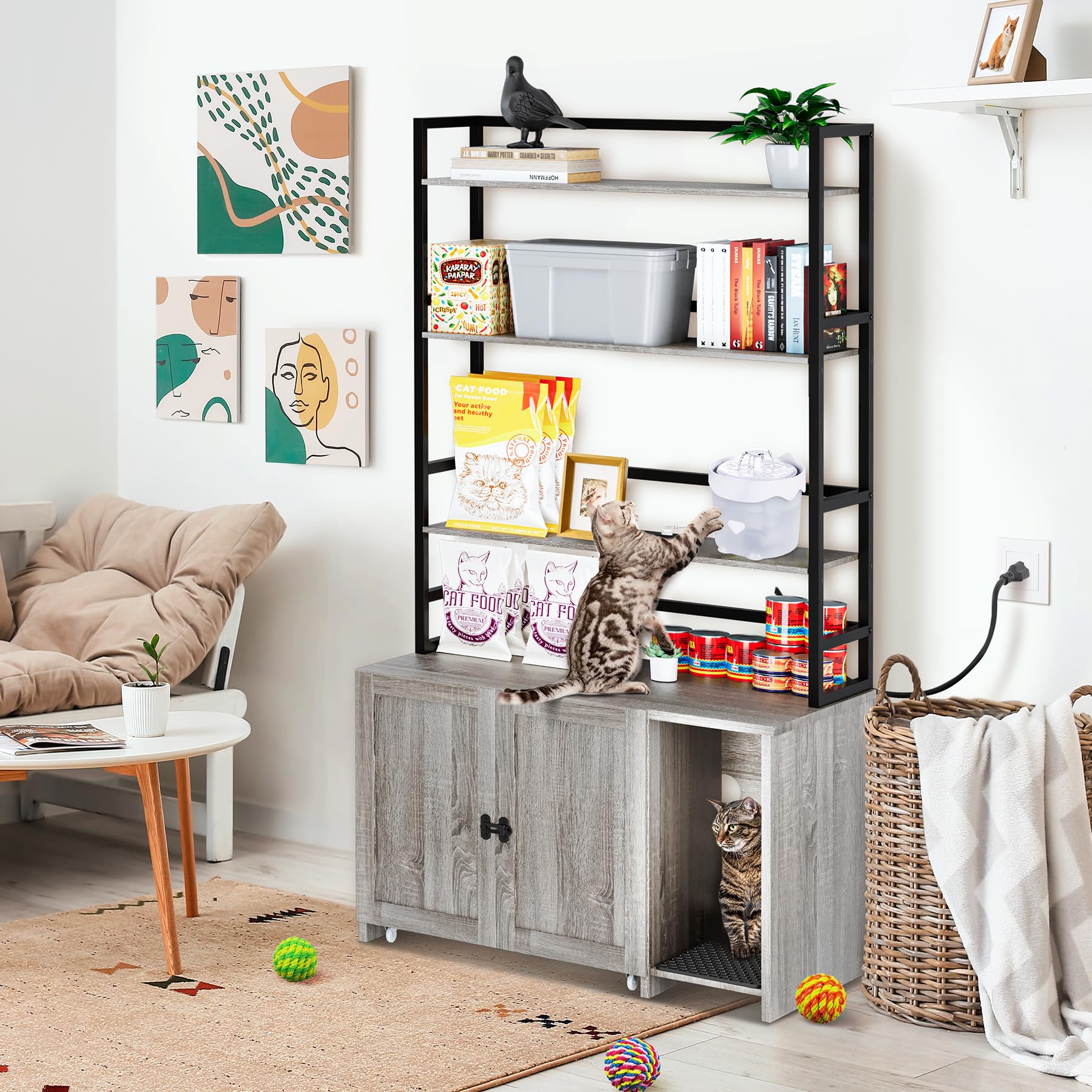 Garvee Cat Litter Box Enclosure, Hidden Cat Litter Box Furniture, Large Double Door Cat House with 3 Shelves and Charging Station, Push-Pull Mobile Chassis - Grey