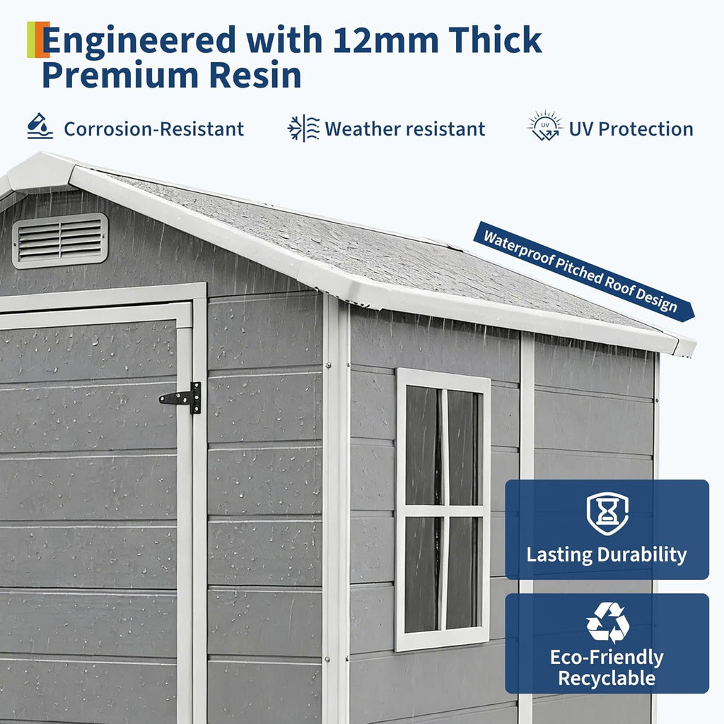 Garvee Durable Waterproof Resin Outdoor Storage Outdoor Storage with Floor – 4x6 FT, Window, Sloped Roof, Lockable Door, Easy Assembly – Perfect for Patio, Backyard, Lawn Mower, Bike & Tool Storage – Light Gray