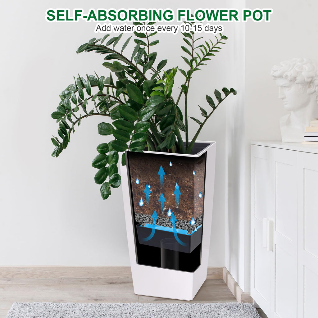 Garvee 30" Tall Planter Set of 2,Heavy Duty Tall Planter,High Front Porch Planter Pots with Drainage Holes＆Water Level Monitor＆Inner Bucket, Automatic Watering,Indoor/Outdoor Grande Plant,Tree,White…