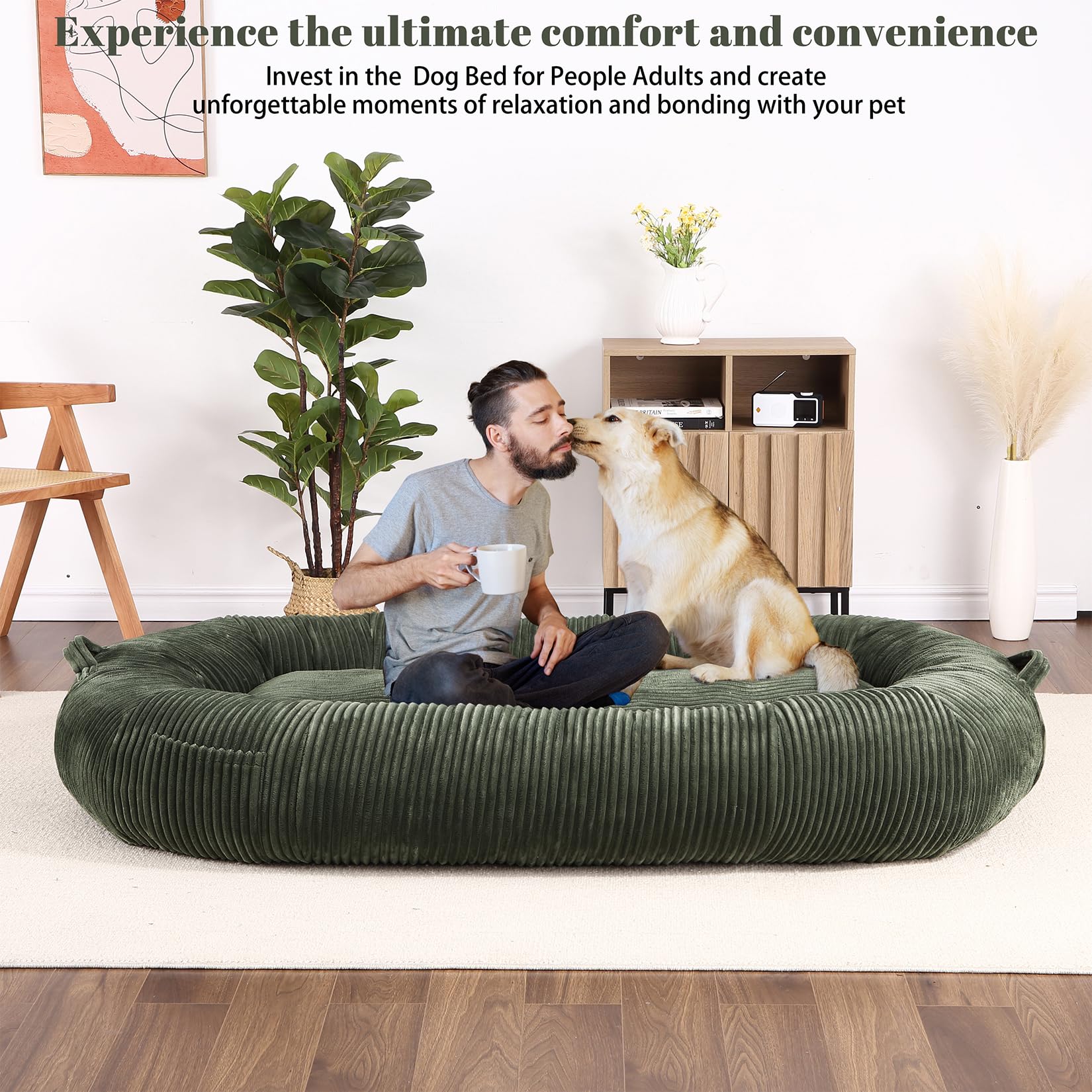 Garvee Dog Bed for Adult, Human Size Giant Dog Bed for Men and Women, 71”x48”x14” Human Dog Lazy Sofa Bed for People and Pets, Washable Strip Flannel Nap Bed Adult Oval, Human-Sized Dog Bed,Dark Green