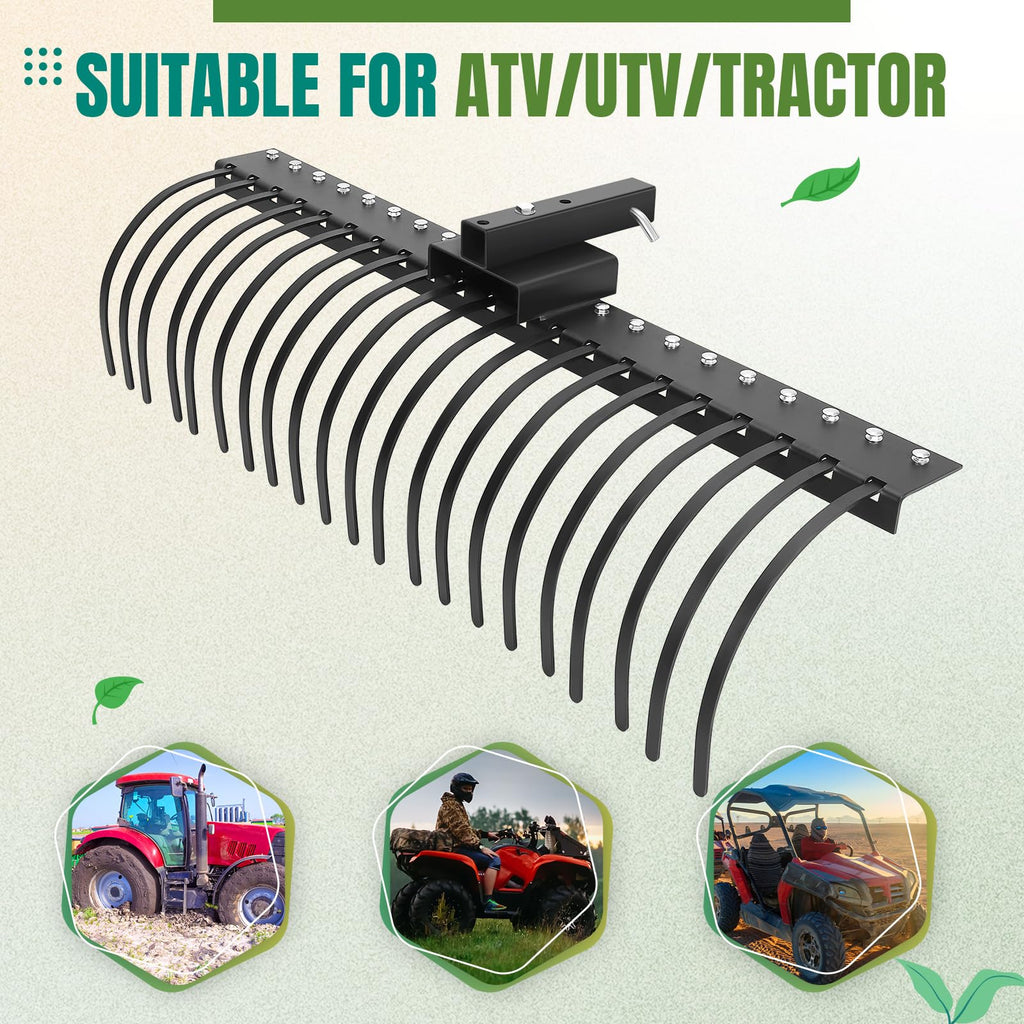 Garvee 60 Inch Landscape Rock Rake,3 Point Attach Rake Fit for 2 Inch Receiver with 360 Degree Rotation,Tow-Behind Garden Tool for Compact Tractors, Category 1