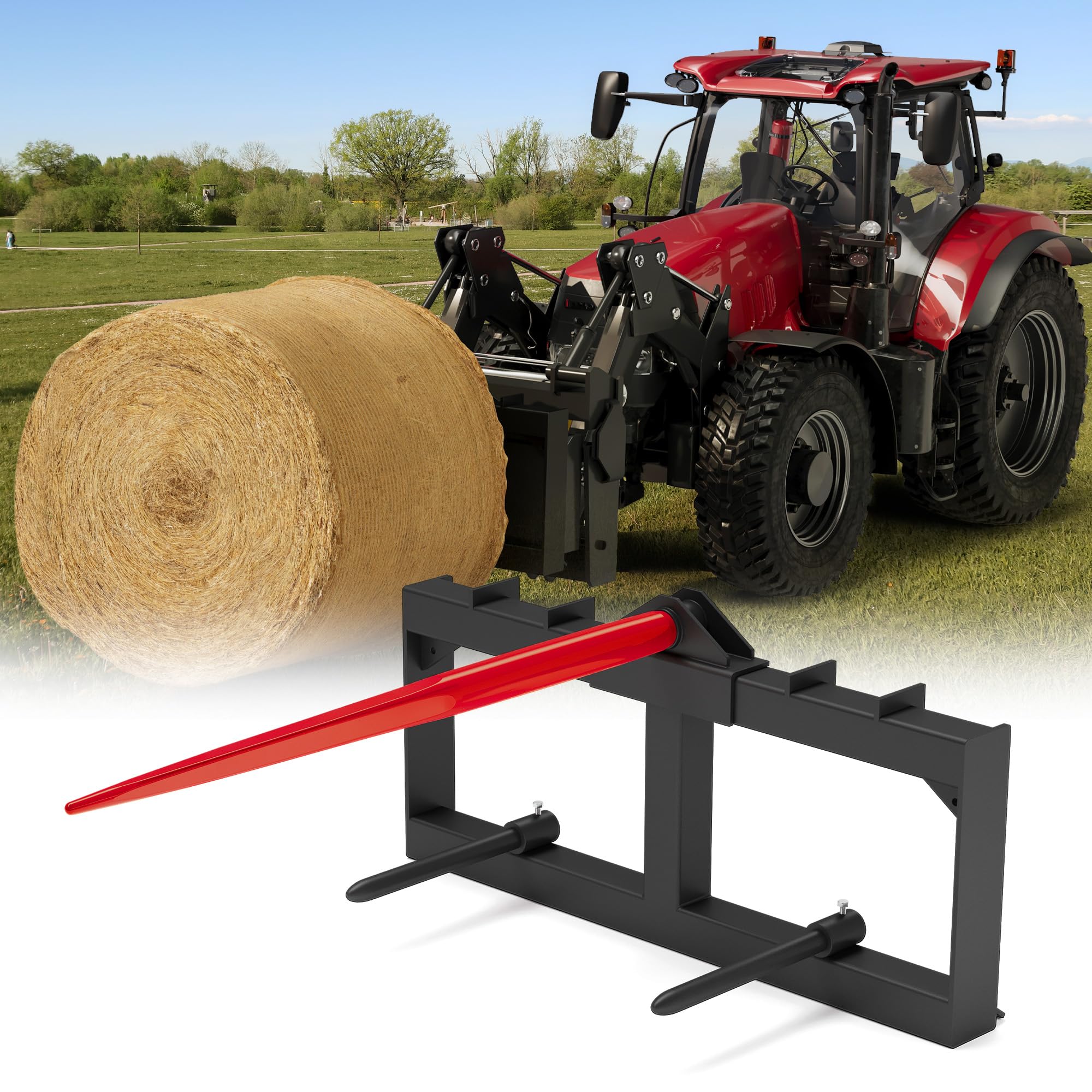 Garvee Skid Steer Hay Frame Attachment: 49" Hay Bale Spear, 2x17" Stabilizer Spears, 3000 lbs Load Capacity, Quick Attach for Tractors & Skid Steer Loader