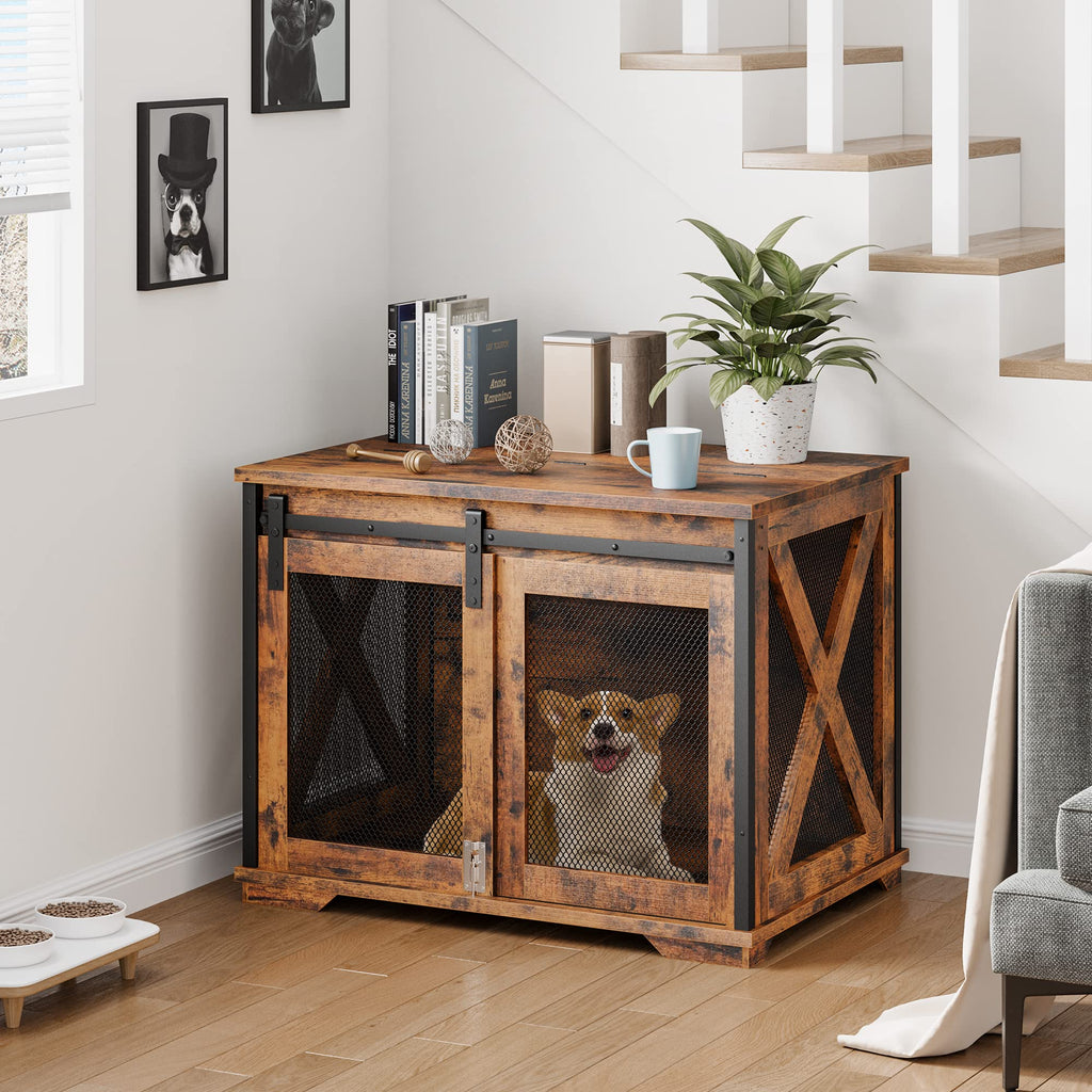 Garvee 37'' Dog Crate Furniture Side End Table with Flip Top and Movable Divider, Wooden Dog Crate Table Large, Style Dog Kennel Side End Table - Rustic Brown