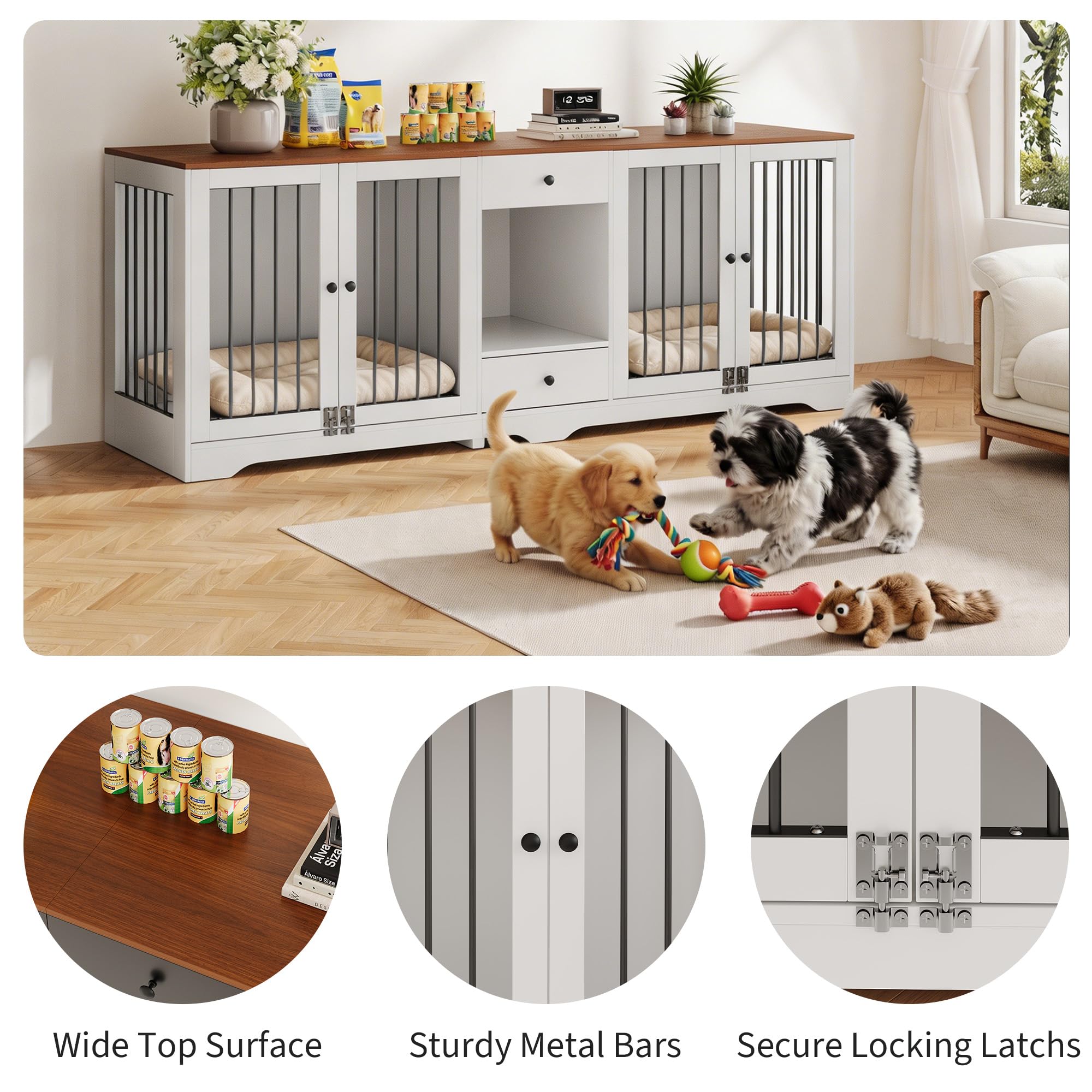 Garvee Dog Crate Furniture 83'' Indoor Dog Kennel with 4 Lockable Doors & 2 Drawers for Medium and Large Dogs, White, Multi-Functional Living Room Furniture