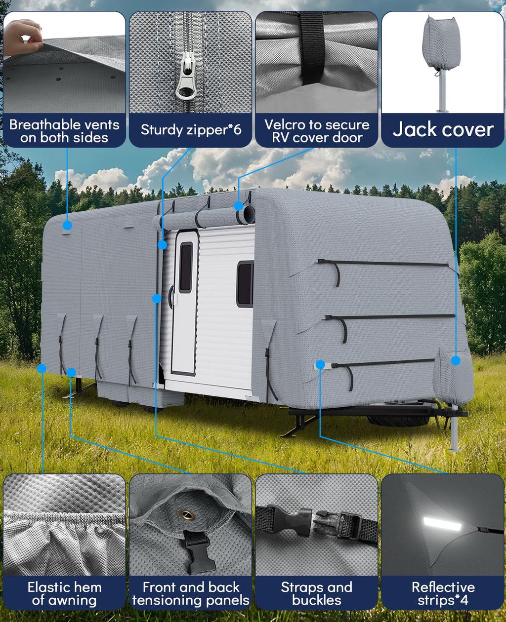 Garvee  30-33 ft RV Travel Trailer Cover, Waterproof UV Resistant Rip-Stop Camper Cover with Gutter Covers and Jack Cover, Grey