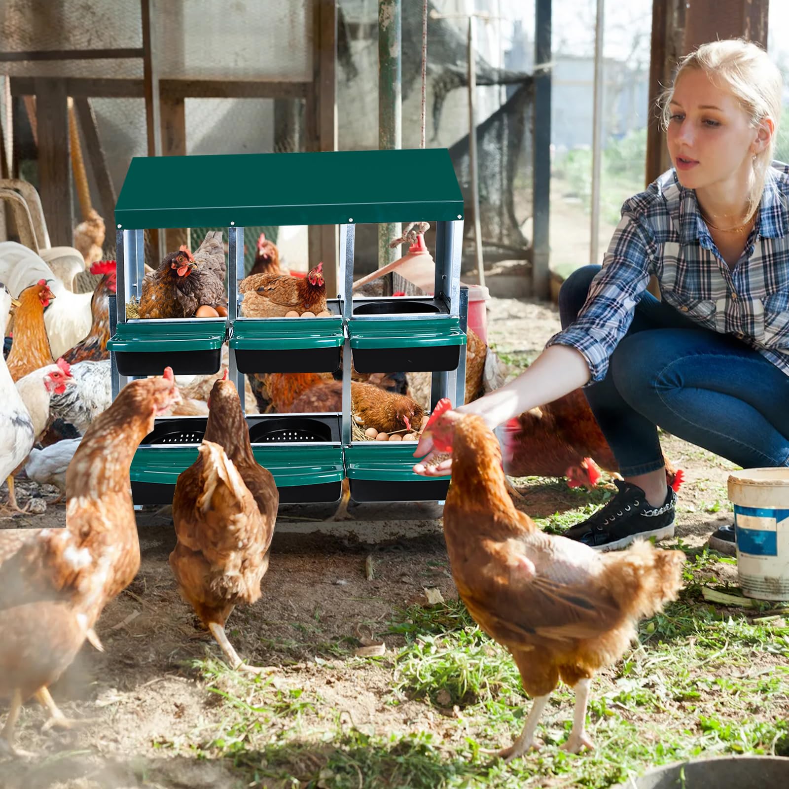 Garvee Nesting Boxes for Chickens, 6 Compartment Roll Away Nesting Box with Egg Collection, Perch, Lid Cover for Egg Protection, Wall Mount/Free Standing Nest Box for Chickens