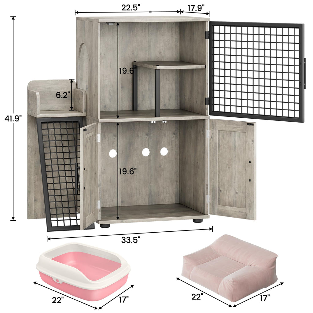 Garvee Modern Villa Cat Litter Box Enclosure with Platform, Double Layer, MDF Panel, Ladder, Hidden Washroom, 33.5"L x 17.9"W x 41.9"H, Light Grey, Indoor Use