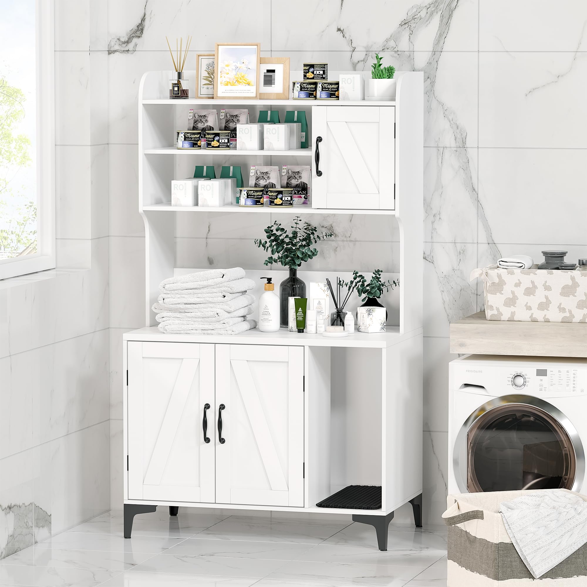Garvee Cat Litter Box Enclosure, Modern Hidden Cat Litter Box Furniture with 4-Tier Storage Shelves, 2 Cabinets, Cat Litter Mat, Large Wood Indoor Cat House Furniture for Home, White