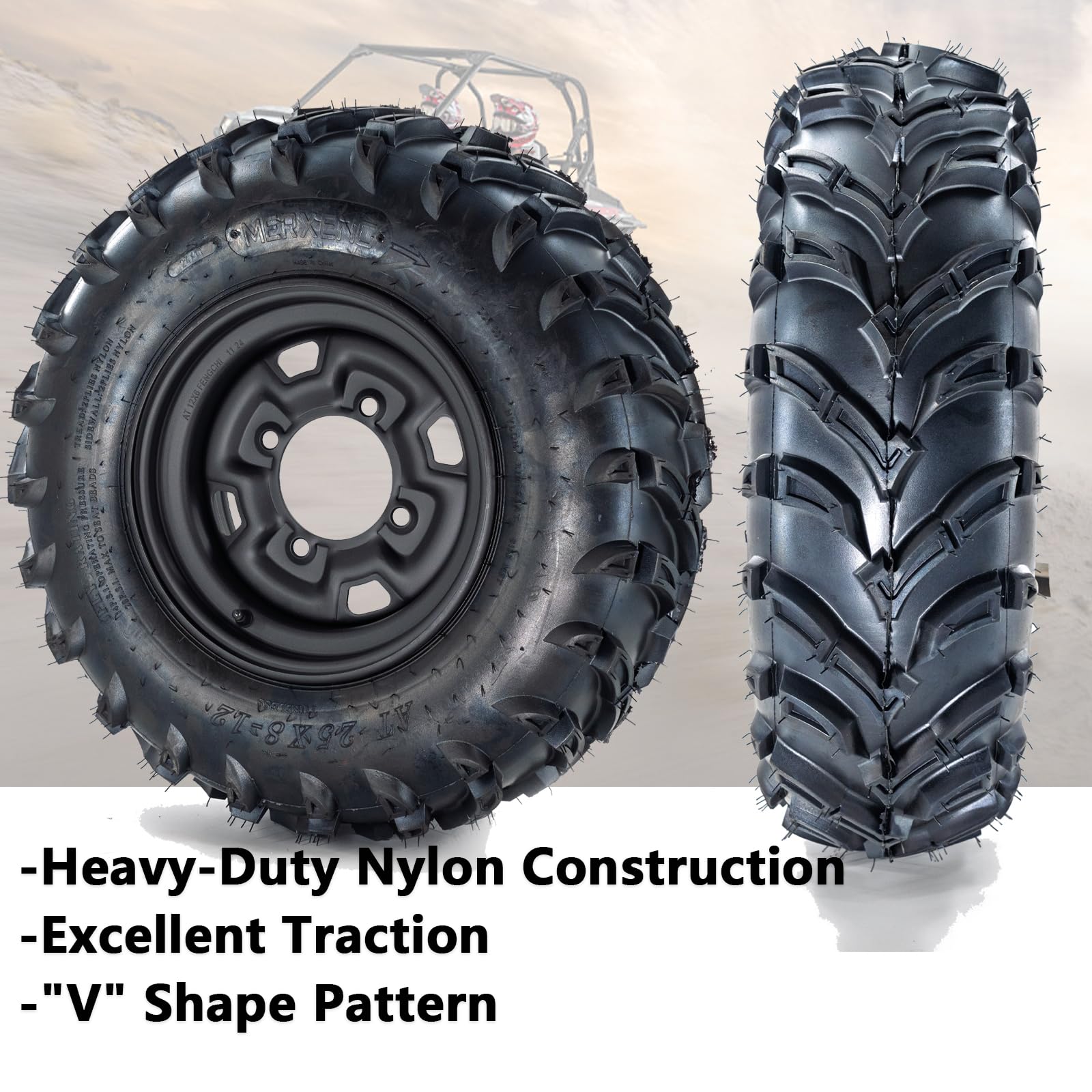 Garvee Set Of 2 25x10-12 ATV Tires With 12" Wheel Rim 4 Bolt For ATV UTV Trail Off-Road Mud Sand Terrain, All-Season, Durable Rubber, Steel Rim, Black