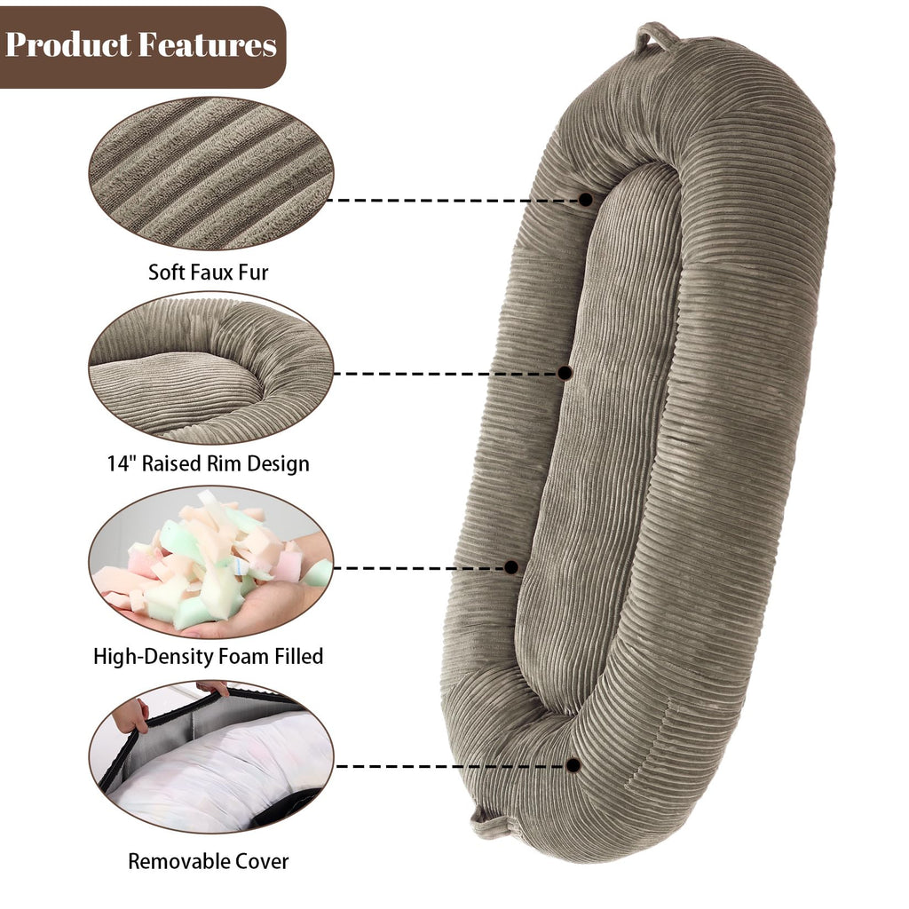Garvee Dog Bed for Adult, Human Size Giant Dog Bed for Men and Women, 71”x48”x14” Human Dog Lazy Sofa Bed for People and Pets, Washable Strip Flannel Nap Bed Adult Oval, Human-Sized Dog Bed,Brown
