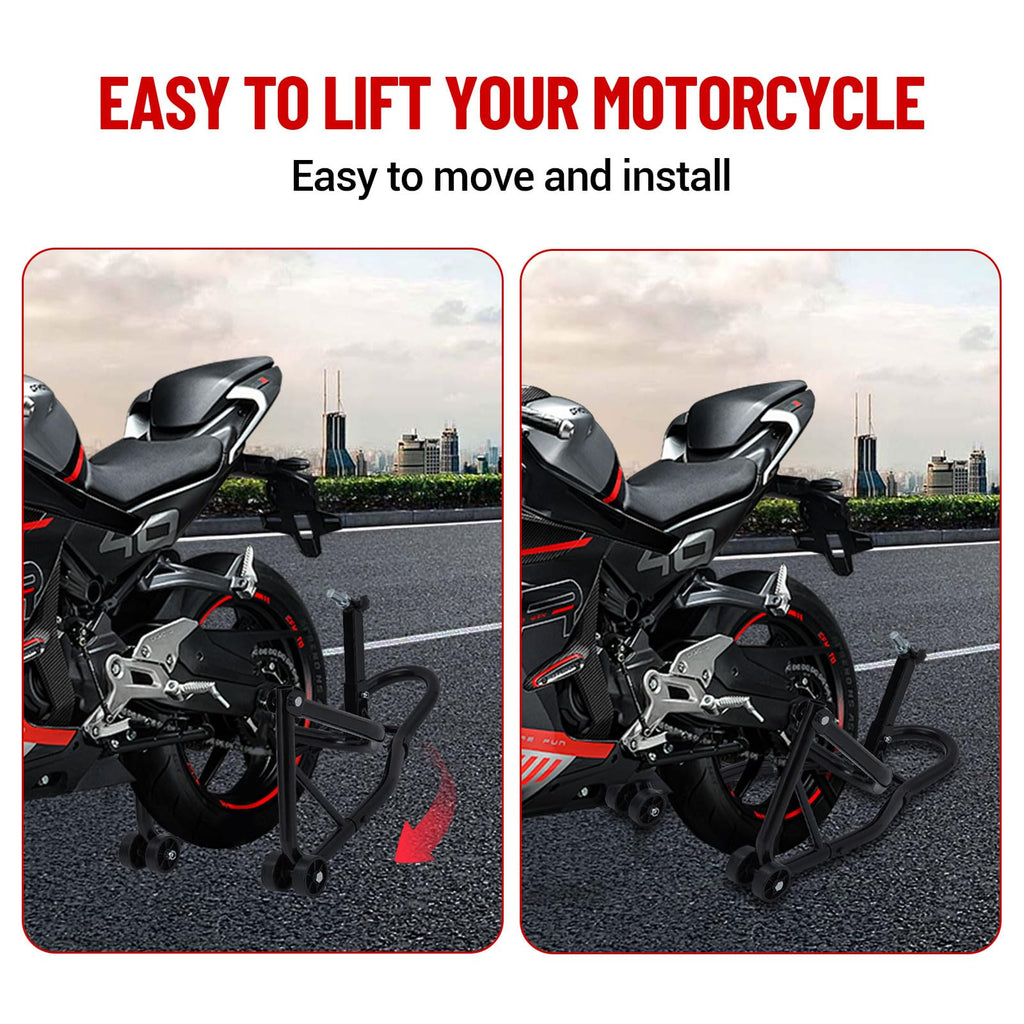 Garvee Motorcycle Rear Stand – 850 lbs Heavy-Duty Swingarm Spool Lift, U-Fork Design – Universal Fit for Most Bikes, Black
