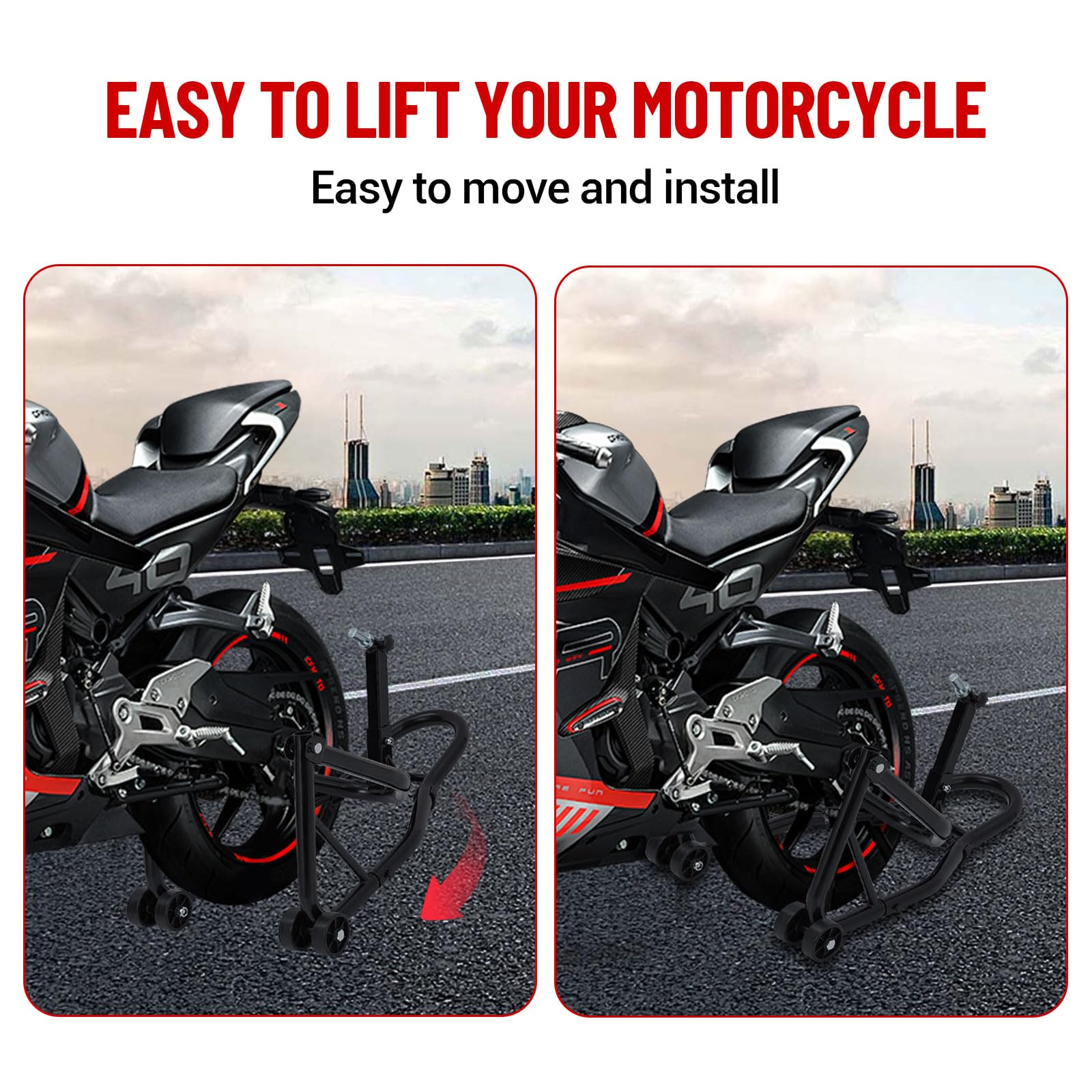 Garvee Motorcycle Rear Stand – 850 lbs Heavy-Duty Swingarm Spool Lift, U-Fork Design – Universal Fit for Most Bikes, Black