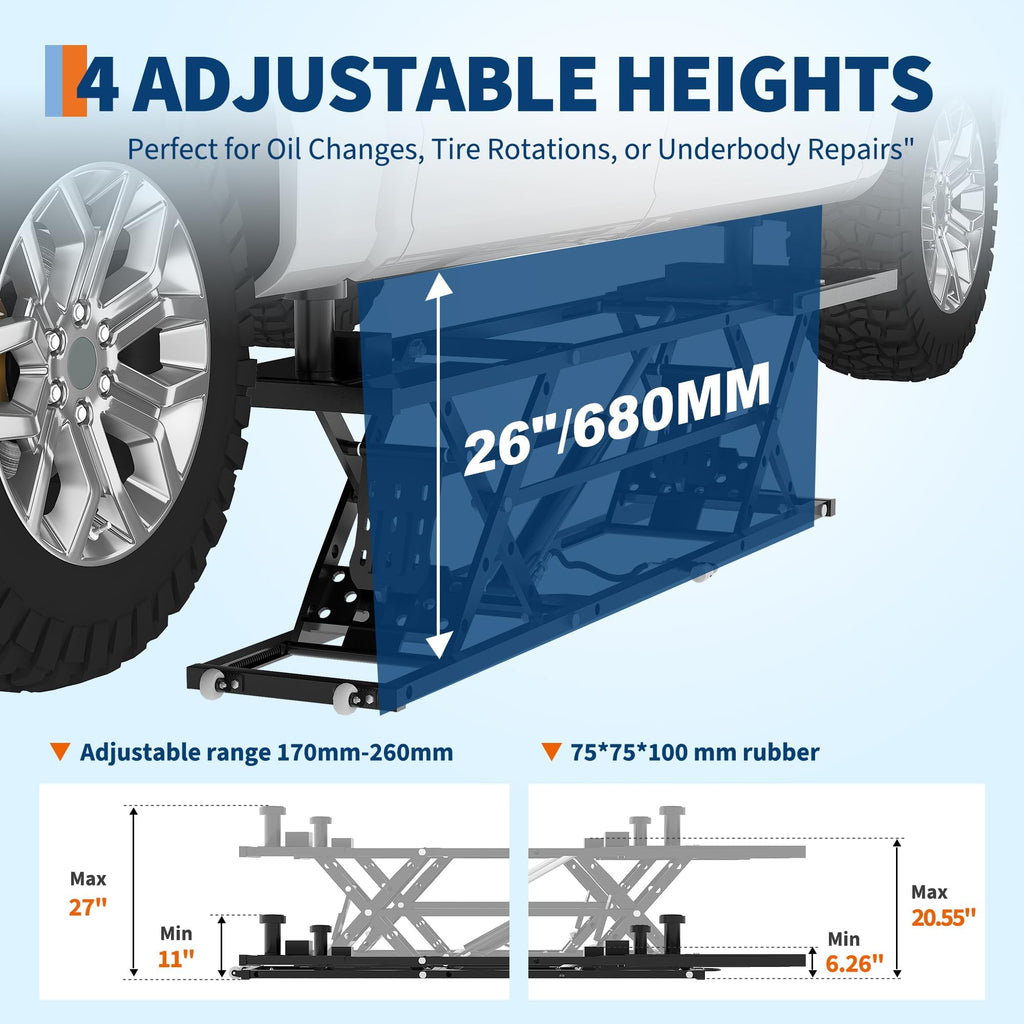 Garvee Portable Car Lift - 7,000 lbs Heavy-Duty Carbon Steel Auto Lift Jack for Trucks and SUVs, Adjustable Height 6.26"-27" with Safety Locks and Extension Plates