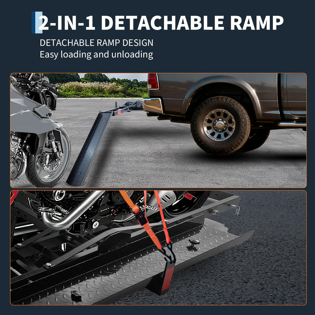 Garvee Motorcycle Rack Advanced Hitch Carrier Black Steel Dual-Sport Rack System 600lb Capacity with Extended Loading Ramp Universal Truck and SUV Mounting Hardware Included