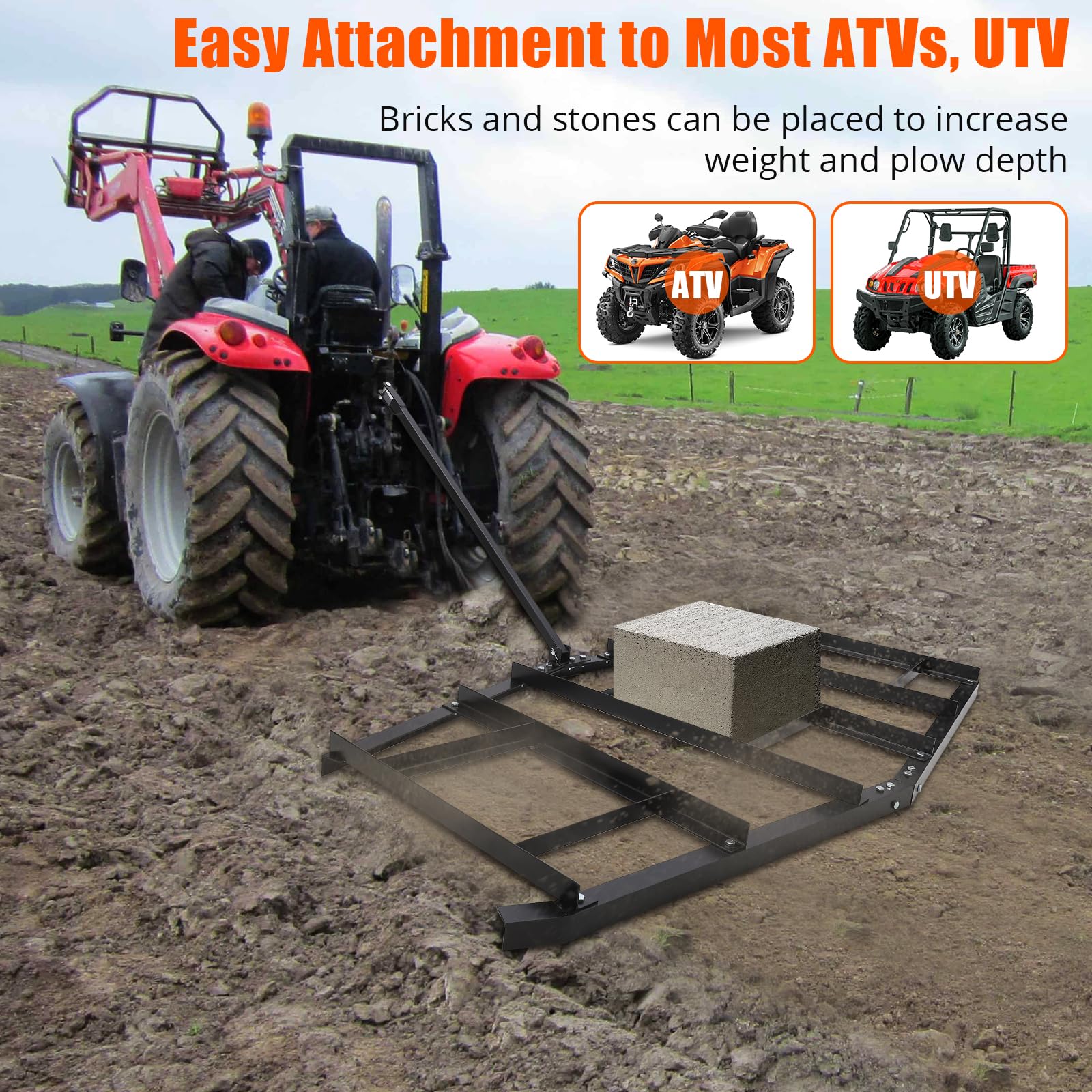 Garvee Driveway Drag 84" Width, Tow Behind Drag Harrow 35" Length, Driveway Tractor Harrow with Pin-Style Hitch, Heavy Duty Steel Driveway Grader for ATV, UTV, Garden Lawn Tractors - 84"with Connecting rod