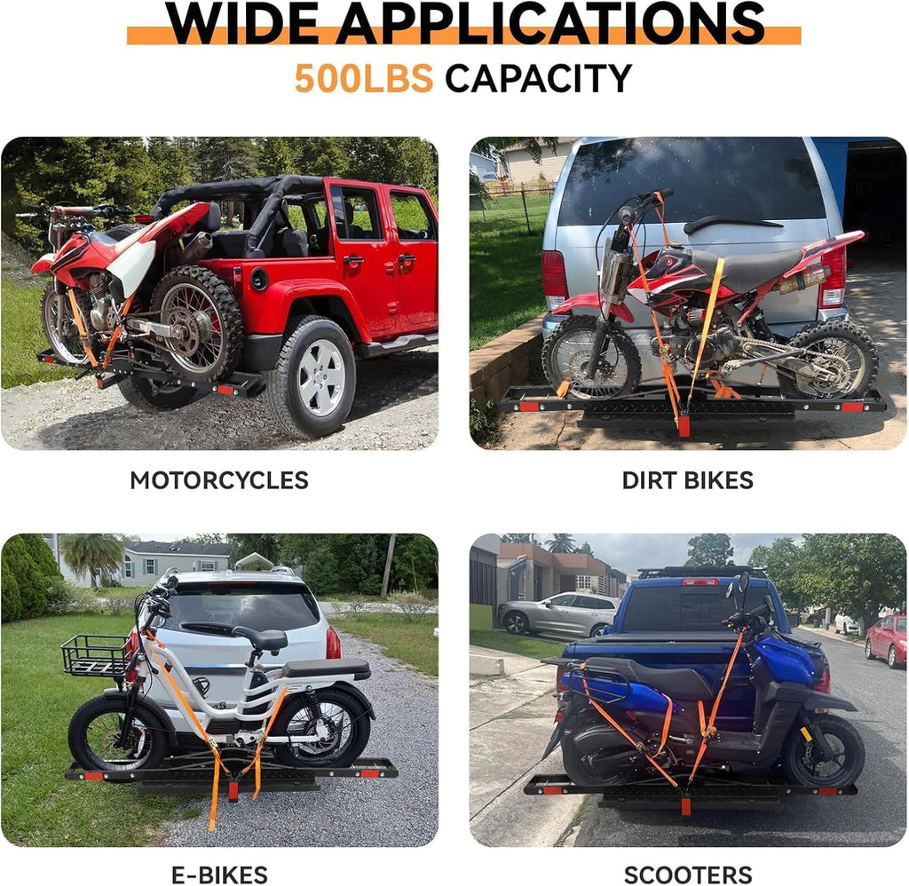 Garvee 600lbs Motorcycle Tow Hitch Dirt Bike Transport Rack for Motorcycles Bicycles and Scooters Iron Build with 4 Straps Secure Hauler Hitch Mount Rack with Ramp, Black