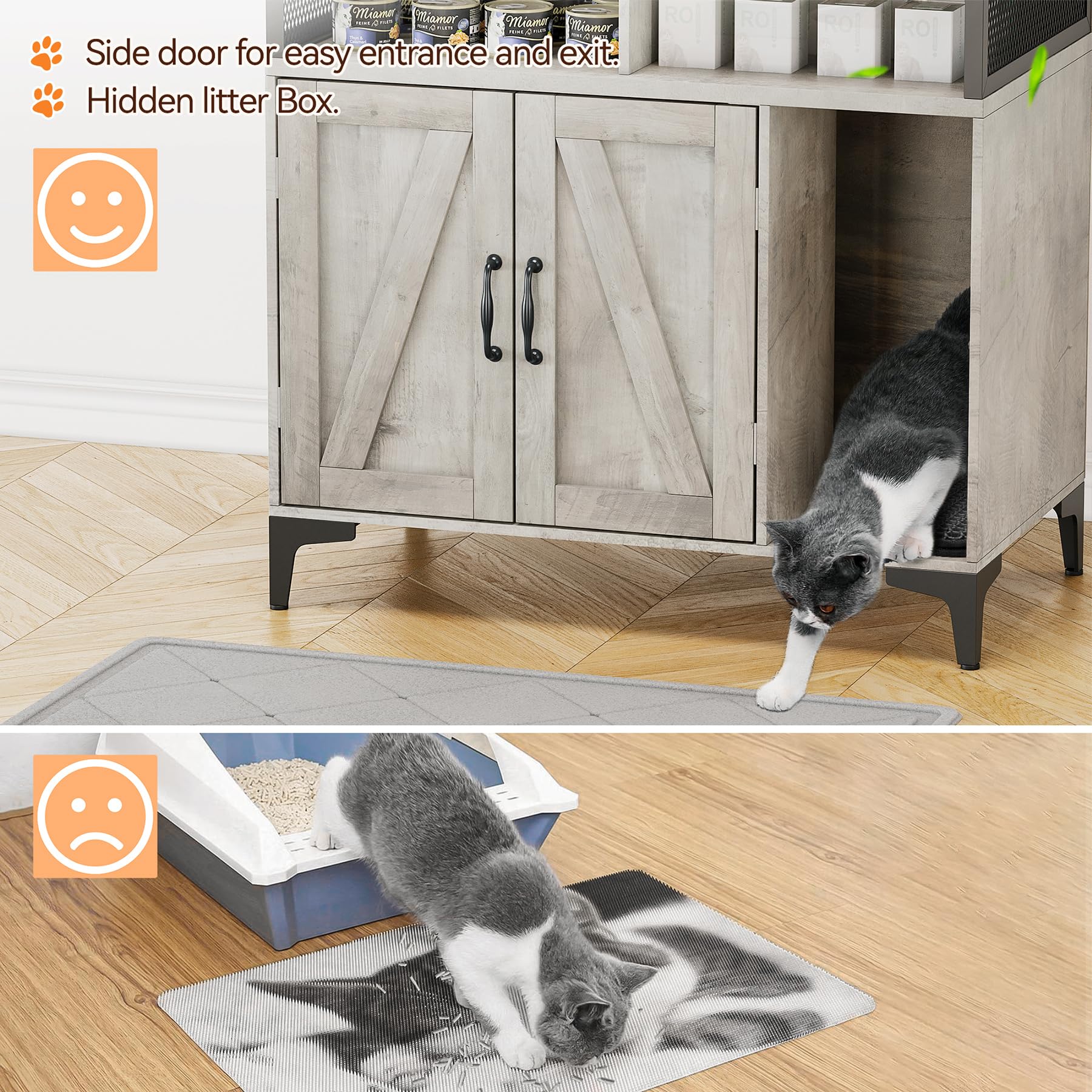 Garvee Cat Litter Box Enclosure, 3 Shelves, Modern Style, Hidden Litter Box Furniture with Storage and Doors, Grey