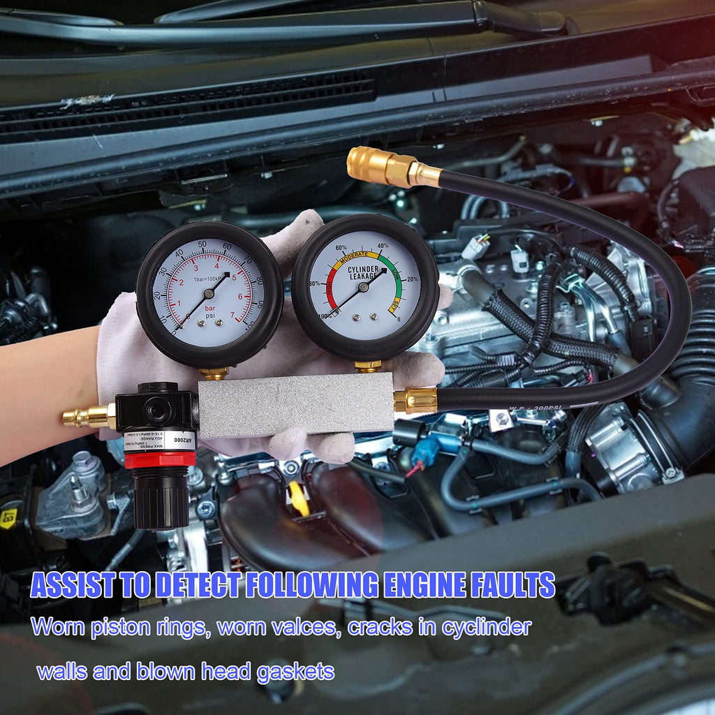 Garvee Cylinder Leak Down Tester Engine Compression Diagnosis Kit Dual Pressure Gauges Universal Fitment for Gasoline Engines