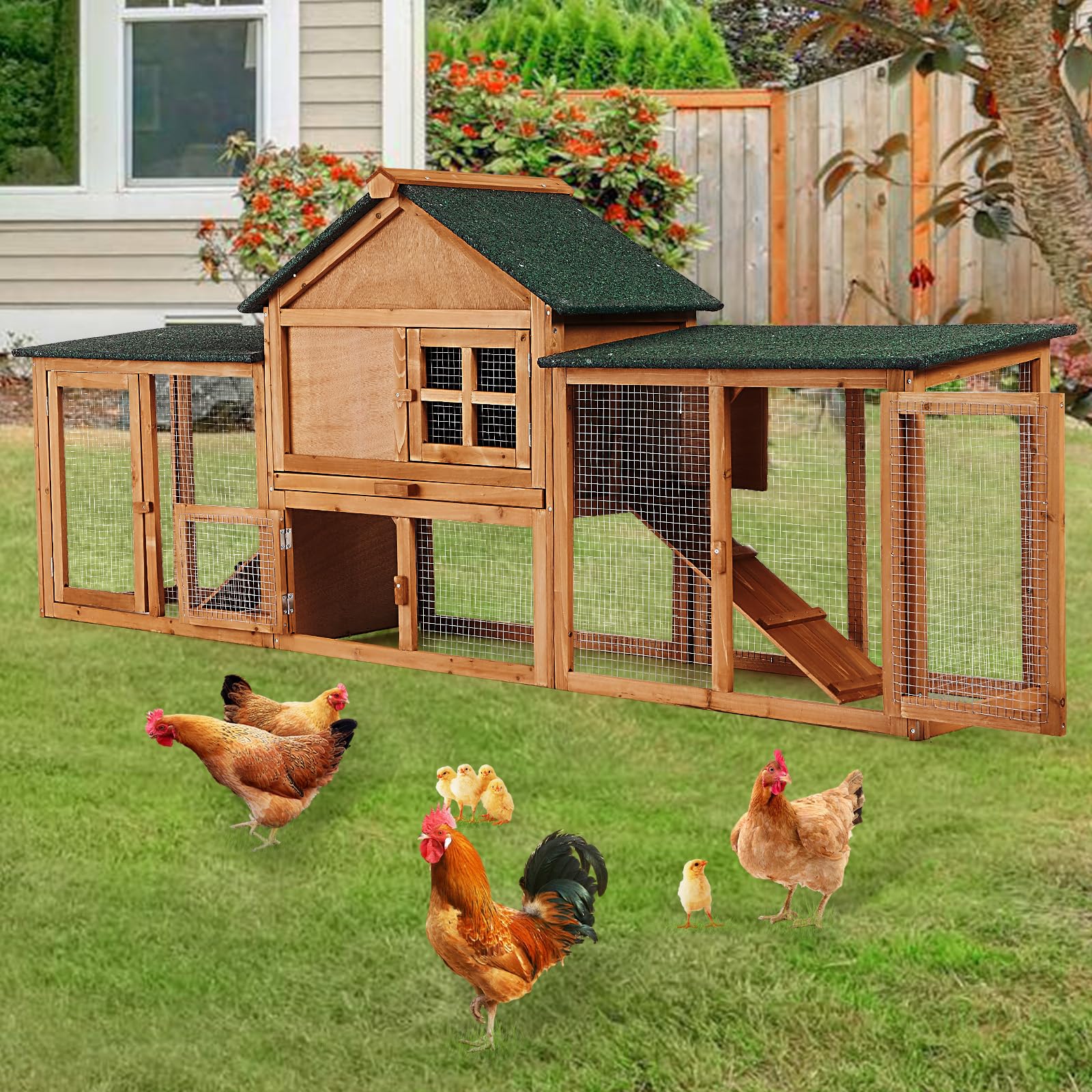 Garvee 80in Wooden Rabbit Hutch, 2-Level Small Animal House with Double Side Runs, Weatherproof Roof, Removable Tray & Ramps for Rabbits, Guinea Pigs, Quails & Bantam Chickens
