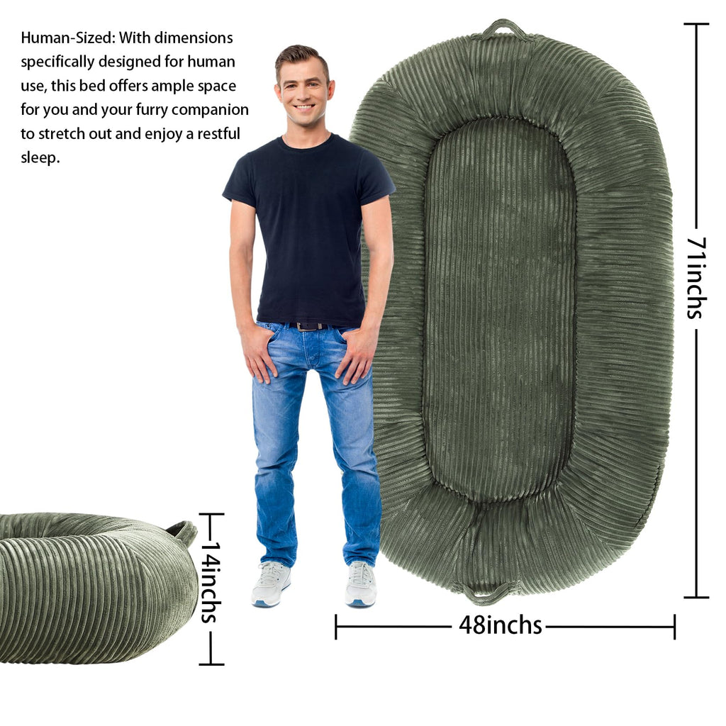 Garvee Dog Bed for Adult, Human Size Giant Dog Bed for Men and Women, 71”x48”x14” Human Dog Lazy Sofa Bed for People and Pets, Washable Strip Flannel Nap Bed Adult Oval, Human-Sized Dog Bed,Dark Green