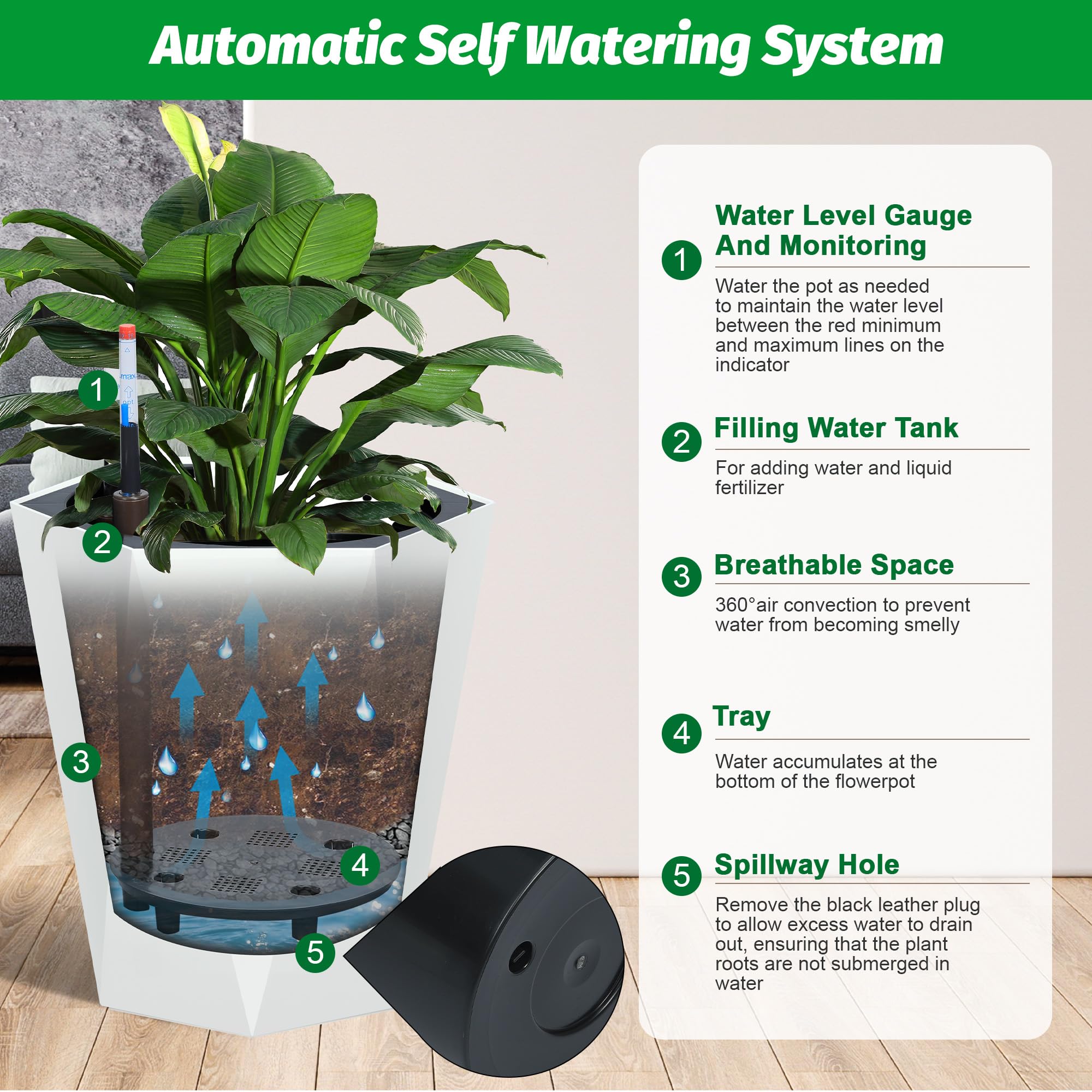 Garvee 16 Inch Tall Diamond Planters Set of 2, Self Watering Planters with Water Level Monitor and Wheels, Flower Pots Outdoor and Indoor for Patio, Porch, Living Room, Home Office, White