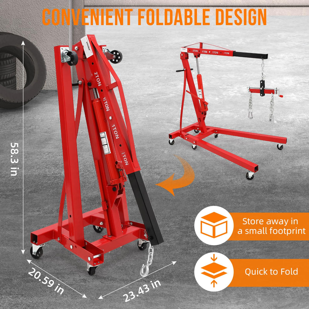 Garvee 2 Ton Folding Hydraulic Engine Hoist with Lever, Folding Engine Shop Crane Hoist Lift, Heavy Cherry Picker with 6 Wheels for Garage, Workshop,Red