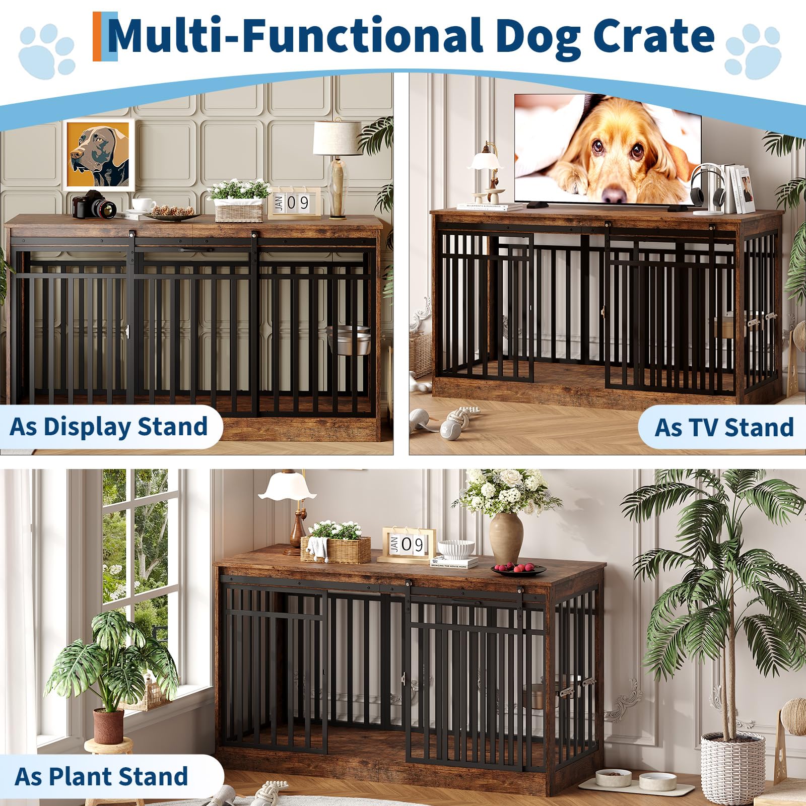 Garvee 55" Extra Large Dog Crate Furniture Heavy Duty Metal Wooden Dogs Kennel Indoor Dog Cage Sliding Door 2 Bowls Medium Large Dogs TV Stand Rustic Brown