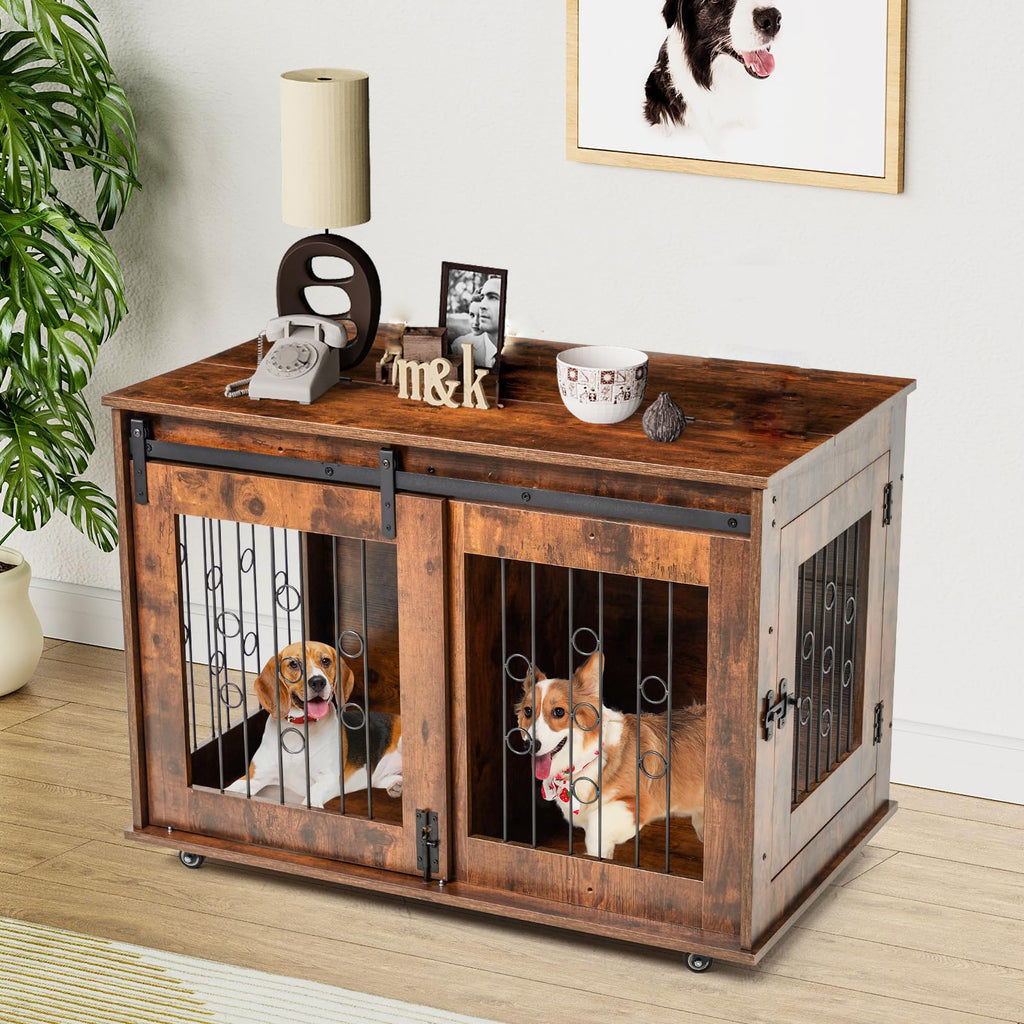 Garvee 39 Inch Wooden Double Dog Crate with Divider & Barn Door ZH-03
