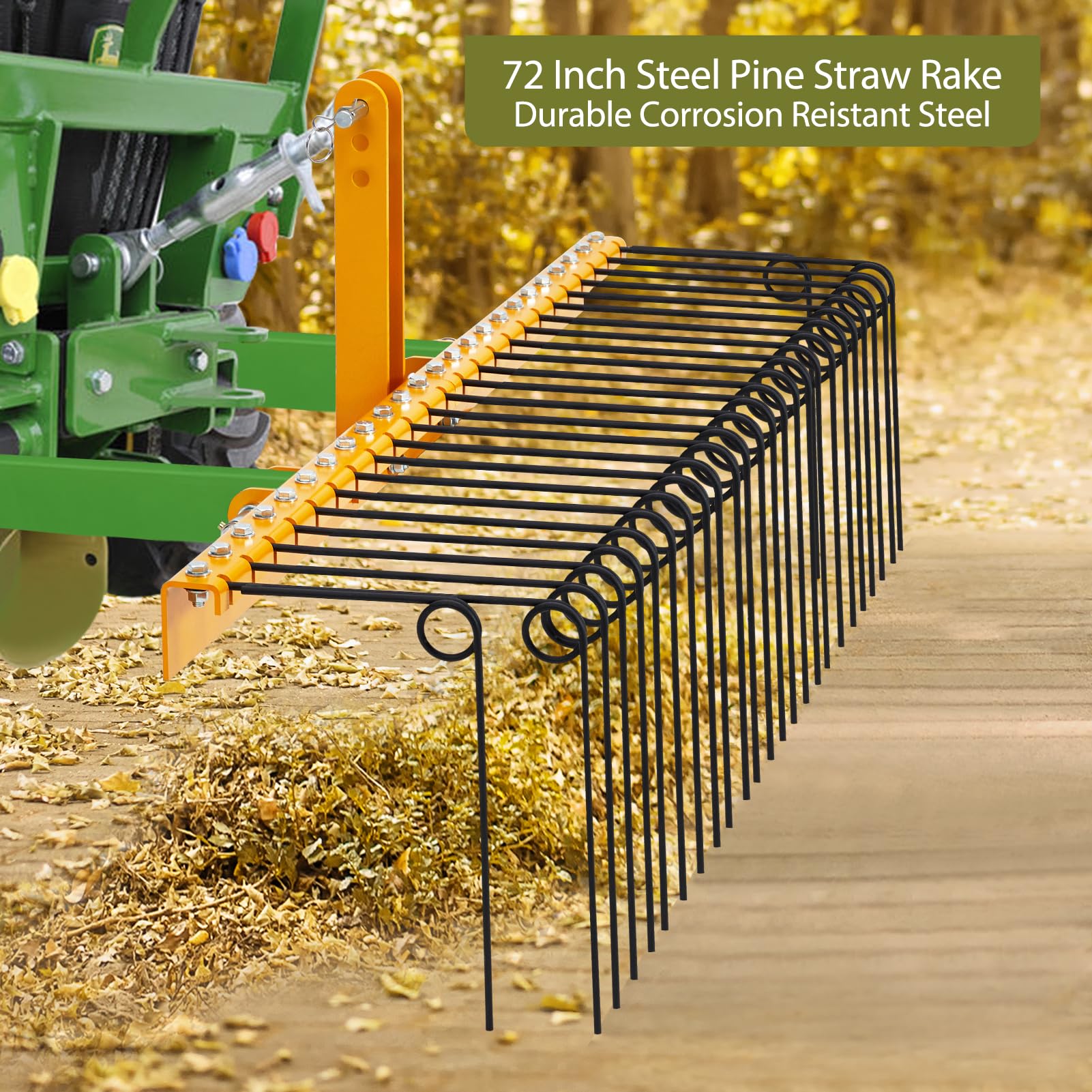 Garvee 72 Inch Pine Straw Rake - 30pcs 8mm Coil Spring Tines Durable Powder Coated Steel Tow Behind Landscape Rake with 3 Point Hitch Receiver Attachment Fit to Cat0 Cat 1 Tractors for Leaves Grass, Yellow
