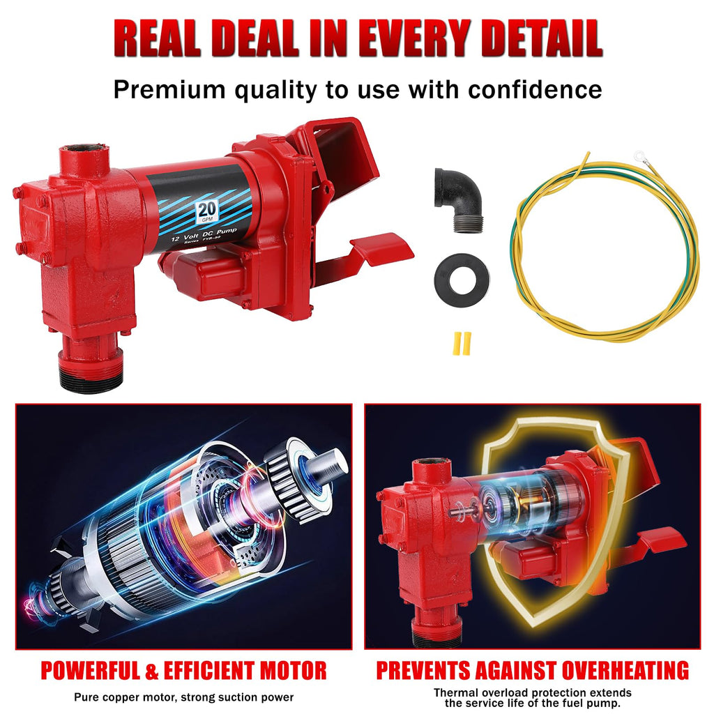 Garvee Fuel Transfer Pump 20 GPM 1/4 HP, 12 Volt DC Fuel Pump, Diesel Transfer Pump Crafted from cast iron material, Gasoline Transfer Pump for Kerosen, Ethanol & Methanol Blends, and Biodiesel