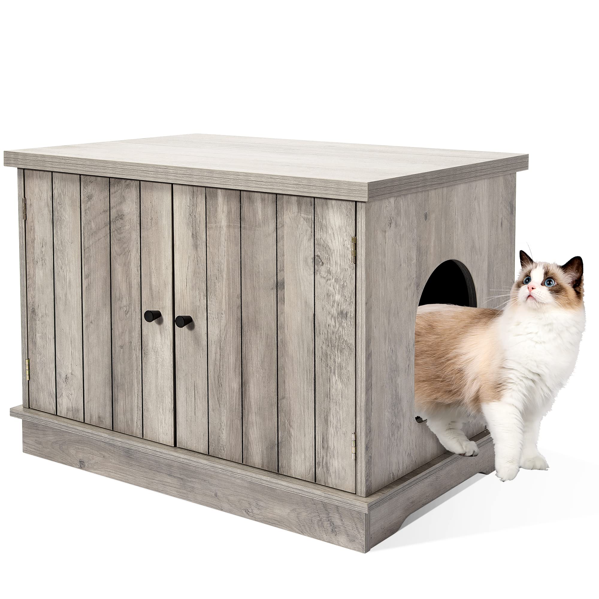 Garvee Cat Litter Box Enclosure with Removable Divider, Wooden Pet House Bench, Hidden Cat Washroom, Side Entry, Large Size, Indoor Use