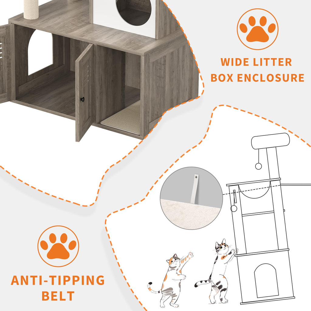 Garvee Cat Tree with Litter Box Enclosure, Sisal Scratching Post, Modern Wooden Cat Tower, Rustic Grey, 31.5''x18.9''