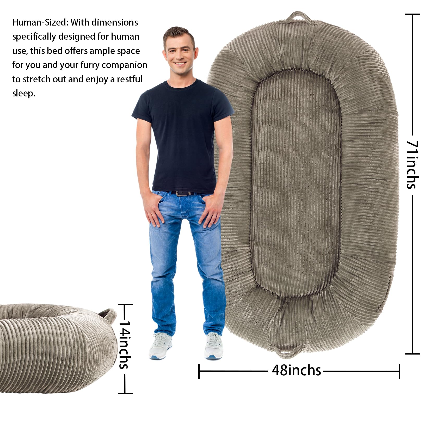 Garvee Dog Bed for Adult, Human Size Giant Dog Bed for Men and Women, 71”x48”x14” Human Dog Lazy Sofa Bed for People and Pets, Washable Strip Flannel Nap Bed Adult Oval, Human-Sized Dog Bed,Brown