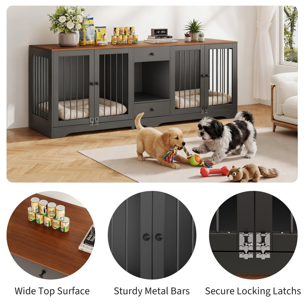 Garvee Dog Crate Furniture 83'' Indoor Dog Kennel with 4 Lockable Doors and 2 Drawers for Medium and Large Dogs, Black, Multi-Functional
