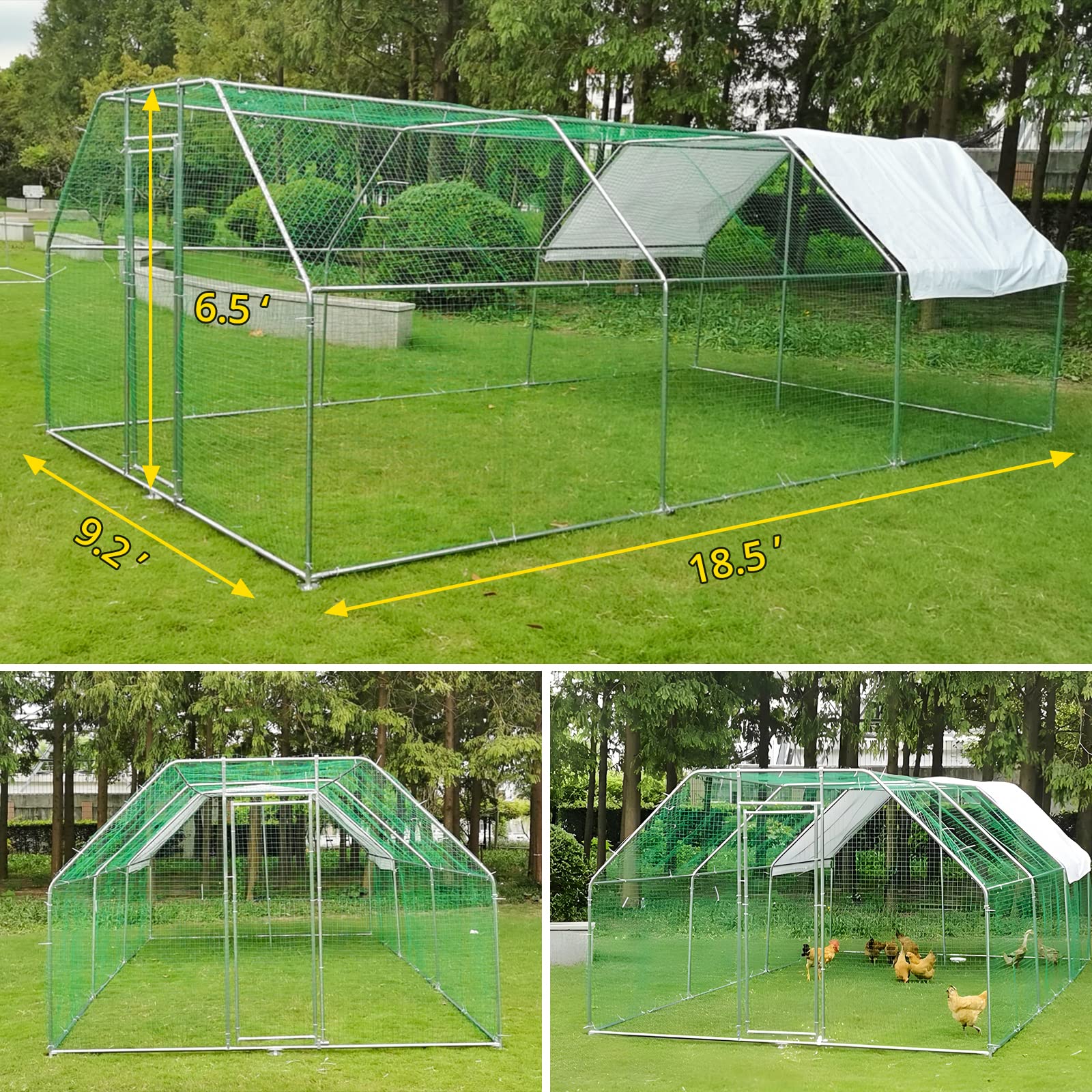Garvee Large Walk-In Metal 18.5 x 9.2 x 6.5 FT Chicken Coop, Galvanized Wire Hen Cage - 3 Rooms