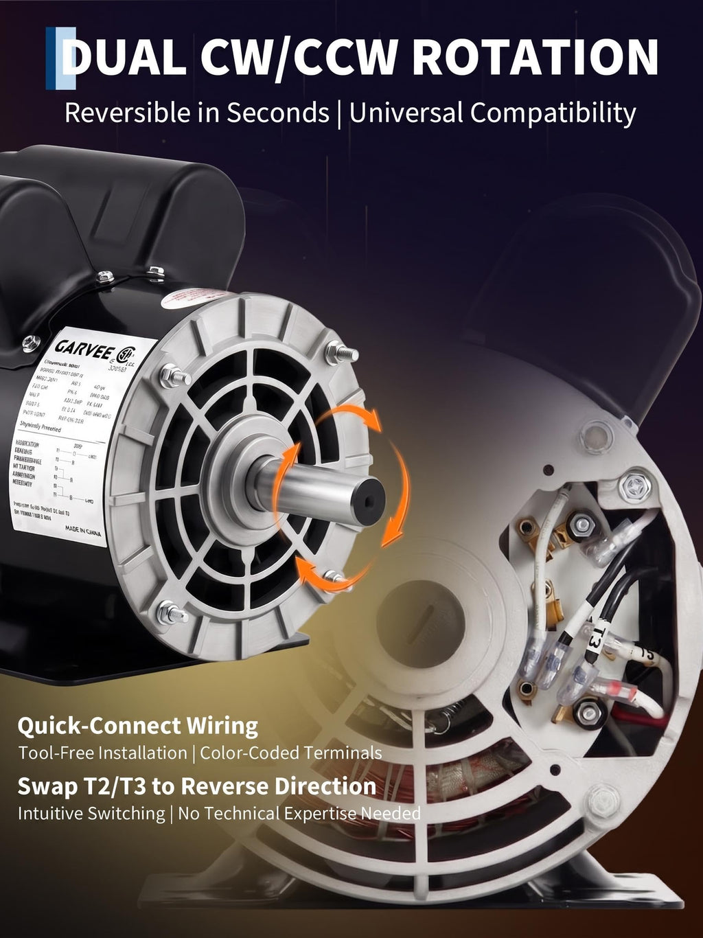 Garvee 5HP SPL Air Compressor Electric Motor - 230V, 56 Frame, 3450 RPM, 7/8" Keyed Shaft, 60 Hz, Ultra-Quiet, Dual CW/CCW Rotation