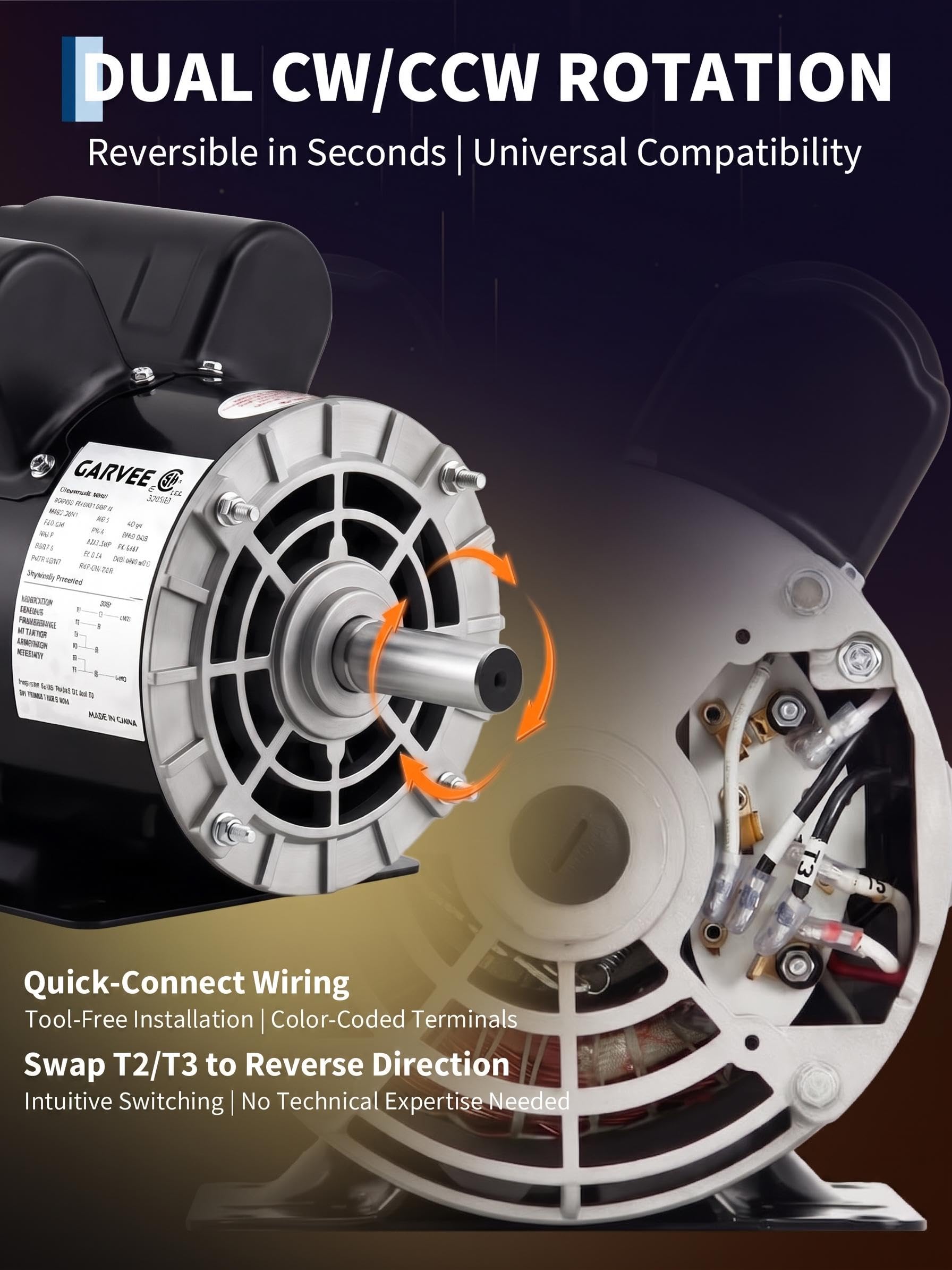 Garvee 3.7HP SPL Air Compressor Electric Motor 230V 56 Frame Dual Rotation 5/8" Keyed Shaft 1.88" Length Ultra Quiet