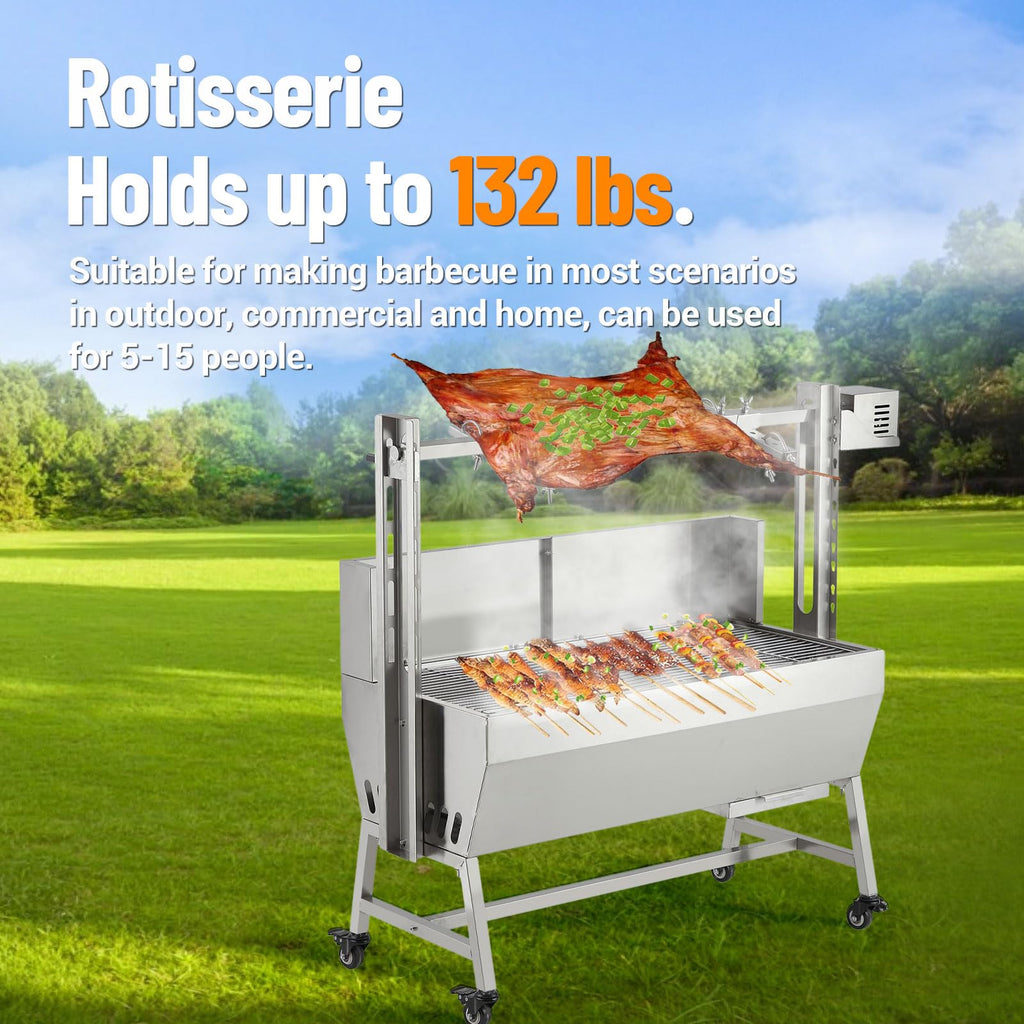 Garvee Stainless Steel Rotisserie Grill with Wind Screen, 52in 132LB Capacity Electric BBQ Pig Lamb Rotisserie Roaster with 50W Motor, Charcoal Spit Roaster Grill for Outdoor Kitchen, Camping