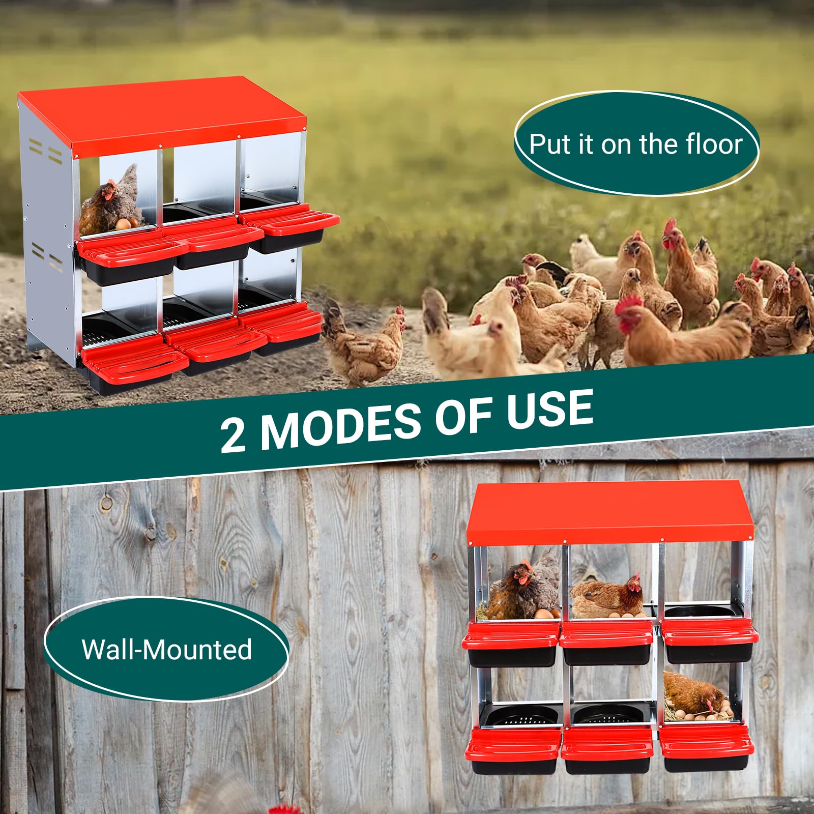 Garvee 6-Compartment Chicken Nesting Box, Roll-Away Egg Collection Box with Perch, Protective Lid & Removable Trays, Wall-Mount Coop Nest Box, Red