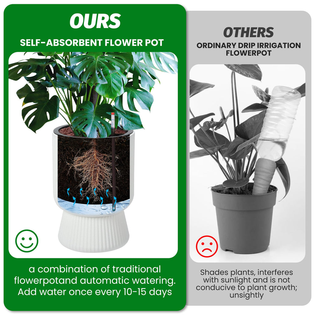 Garvee 14 Inch Plant Pots, Self Watering Planters Set of 2 with Drainage Holes, Tall planters for Indoor Plants, Flower Pots with Water Level Monitor, for Patio, Porch, Living Room, Home Office, White