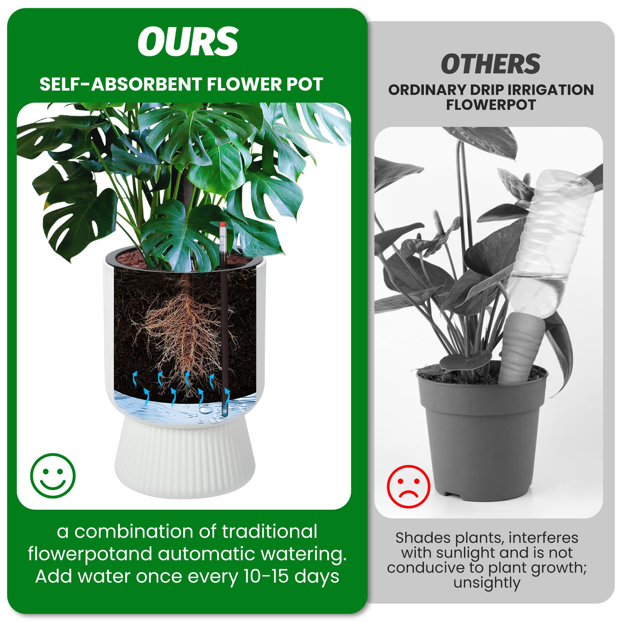 Garvee 14 Inch Plant Pots, Self Watering Planters Set of 2 with Drainage Holes, Tall planters for Indoor Plants, Flower Pots with Water Level Monitor, for Patio, Porch, Living Room, Home Office, White